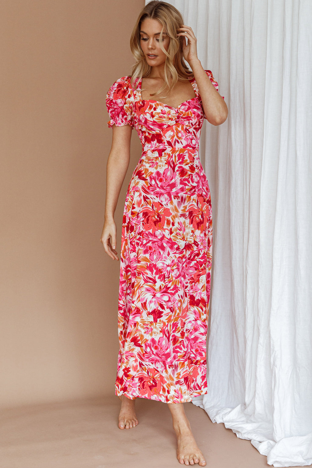 Montebello Puff Sleeve Maxi Dress Floral Pink/Orange by Selfie Leslie Australia