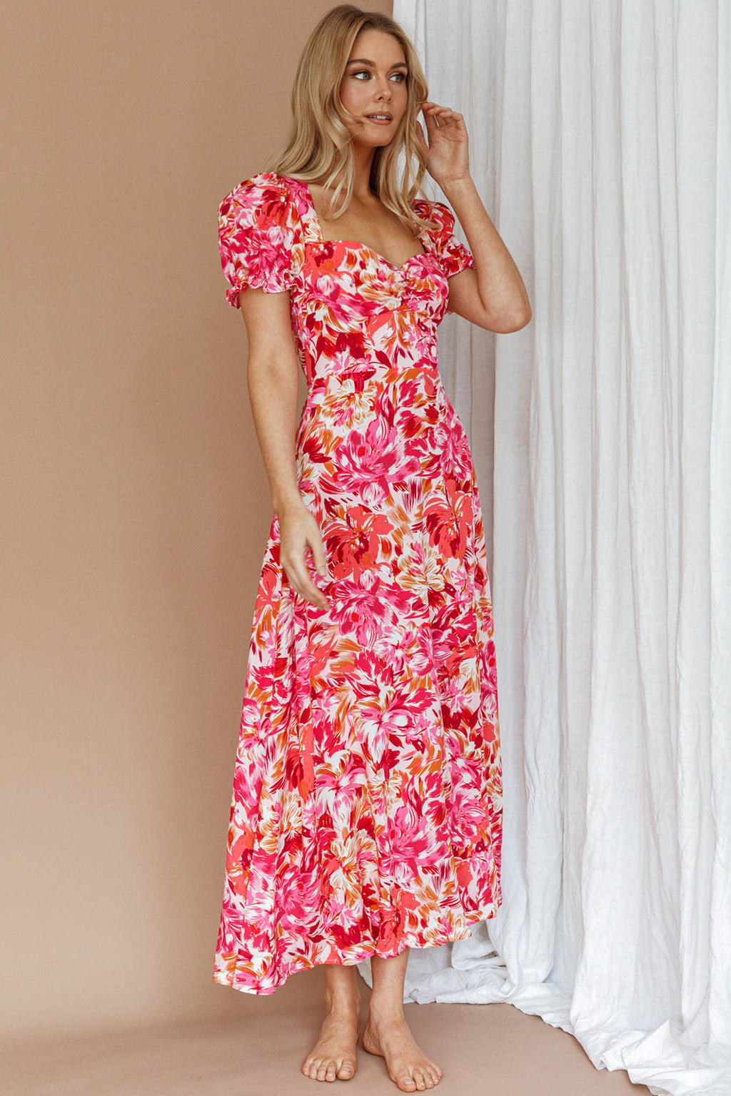 Montebello Puff Sleeve Maxi Dress Floral Pink/Orange by Selfie Leslie Australia