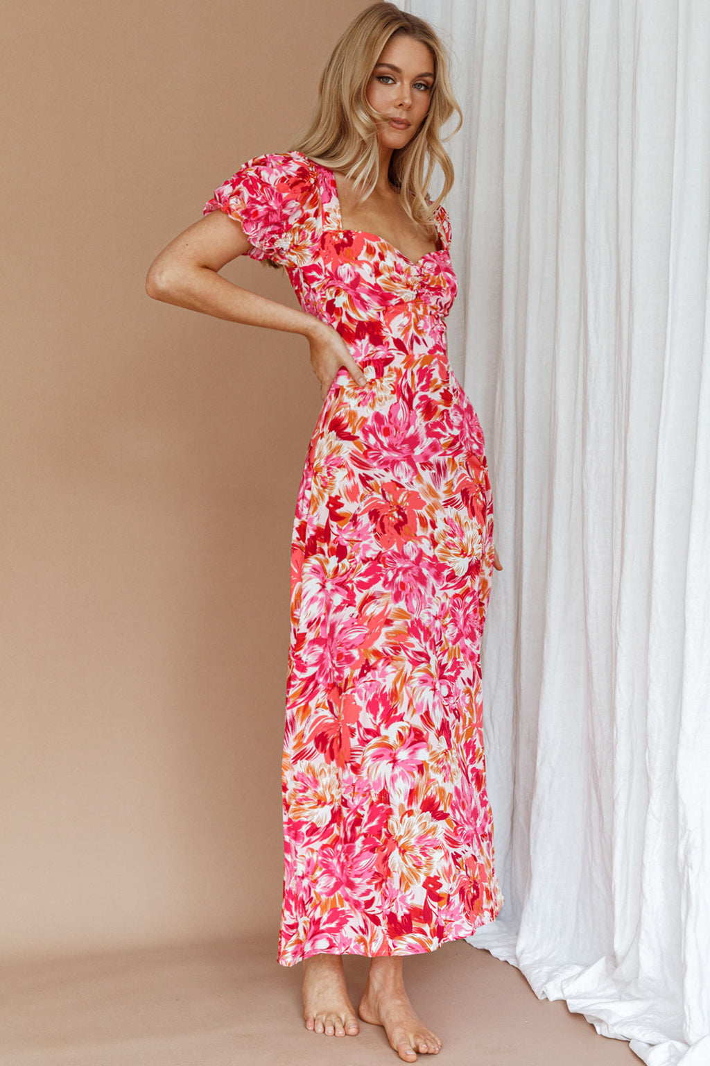 Montebello Puff Sleeve Maxi Dress Floral Pink/Orange by Selfie Leslie Australia