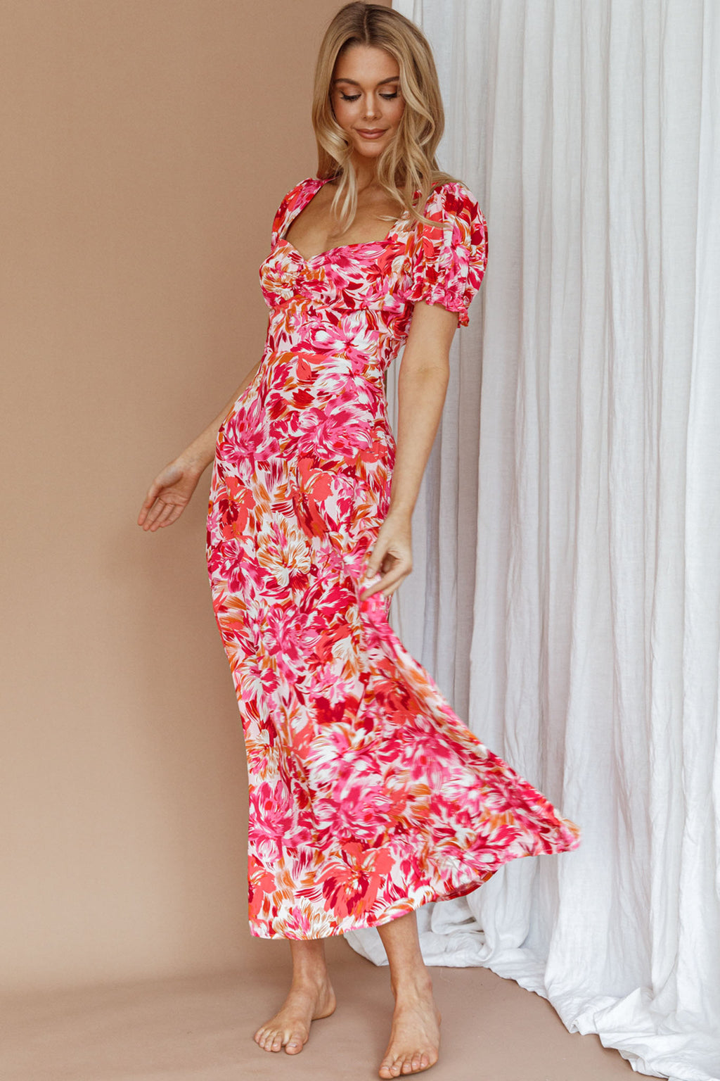 Montebello Puff Sleeve Maxi Dress Floral Pink/Orange by Selfie Leslie Australia