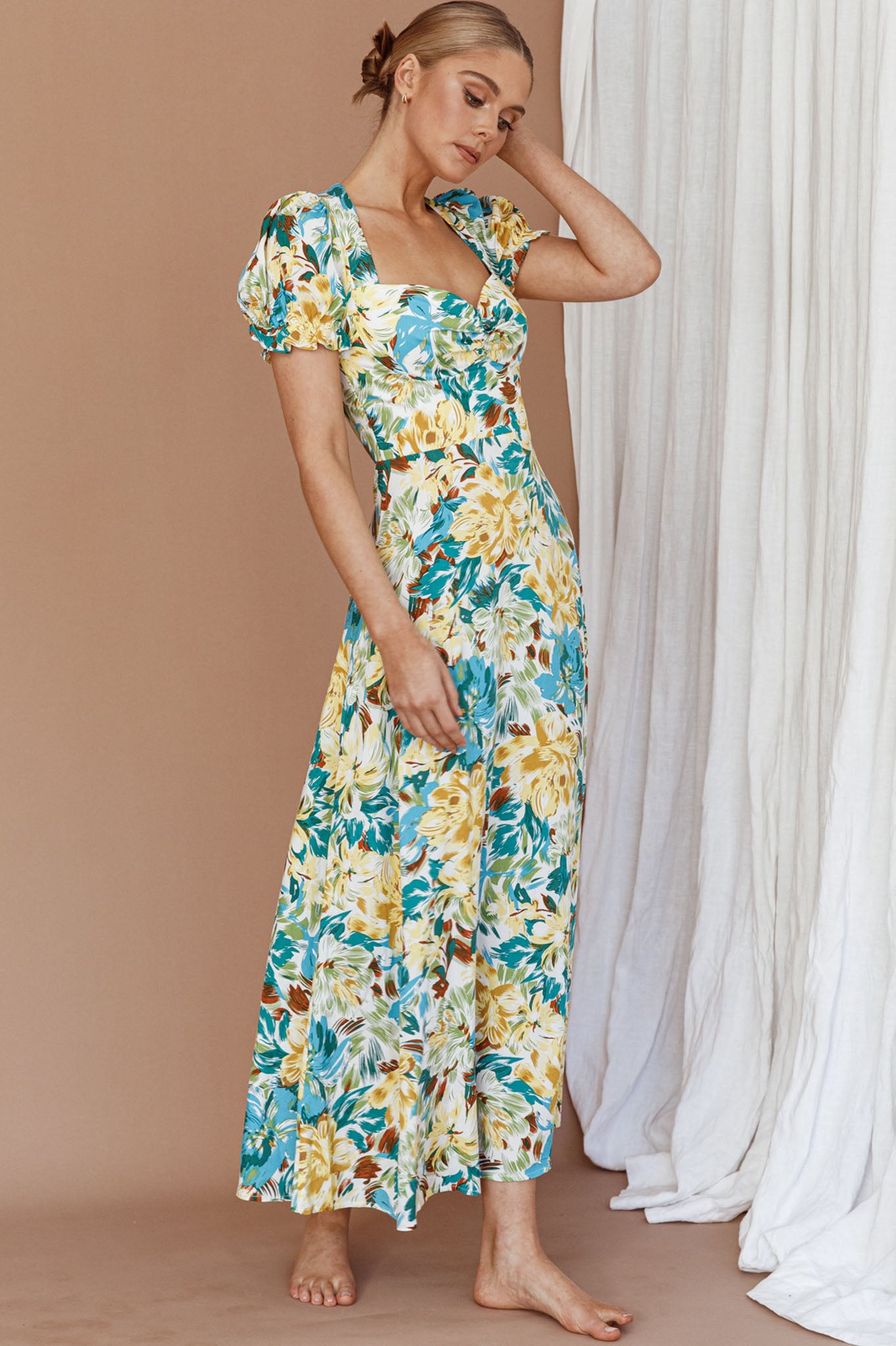 Montebello Puff Sleeve Maxi Dress Floral Blue/Yellow by Selfie Leslie Australia