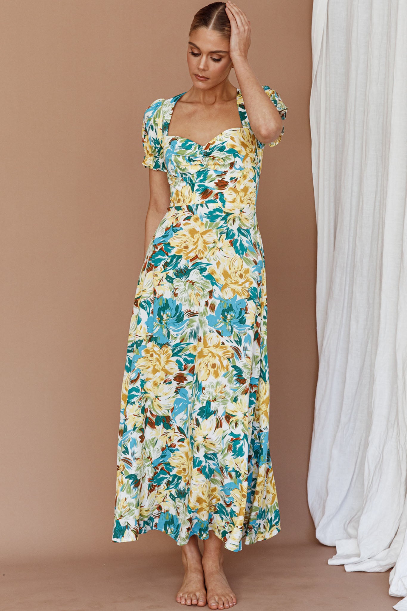 Montebello Puff Sleeve Maxi Dress Floral Blue/Yellow by Selfie Leslie Australia