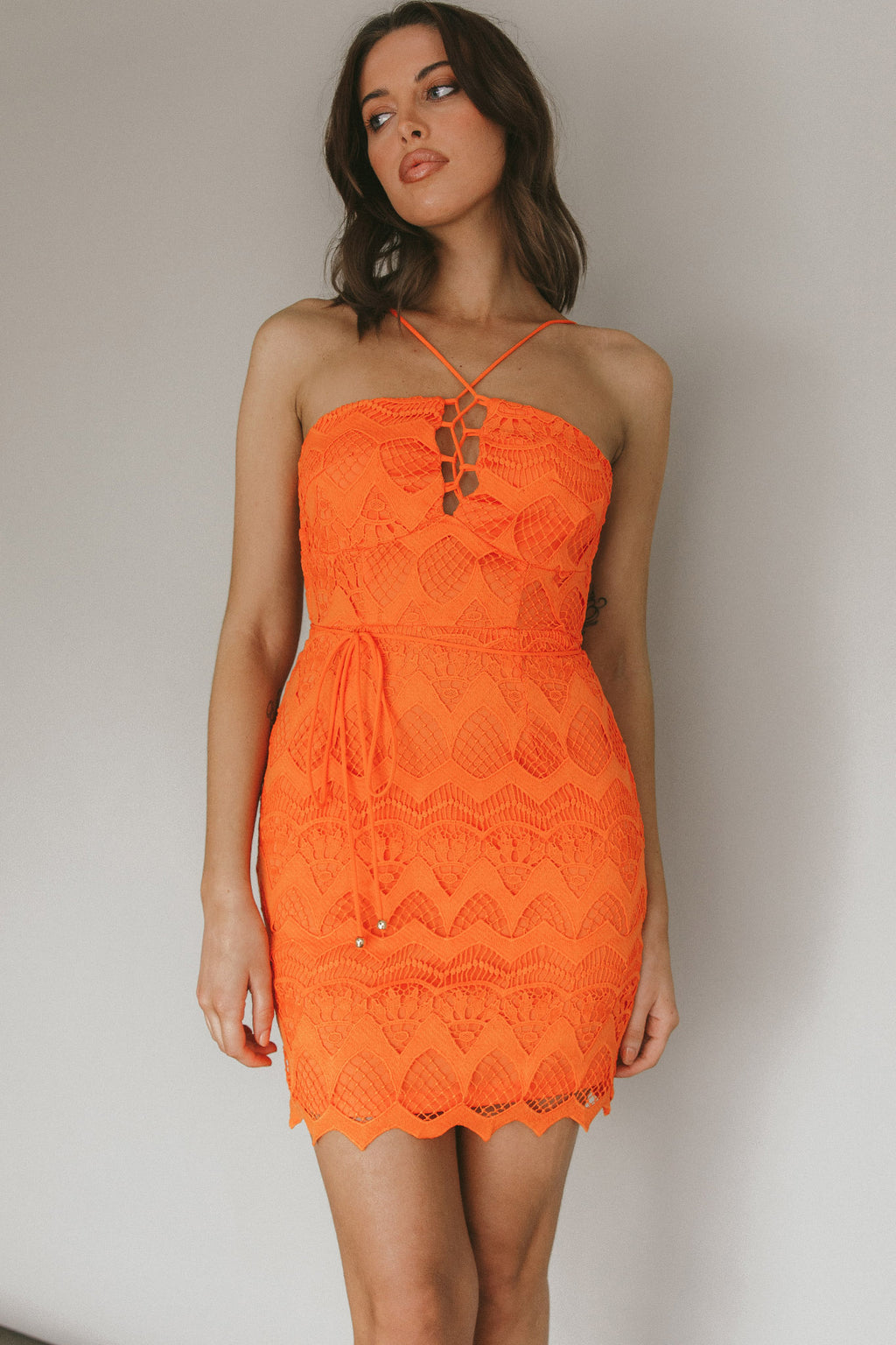 St Kilda Embroidered Lace Strappy Dress Coral by Selfie Leslie Australia