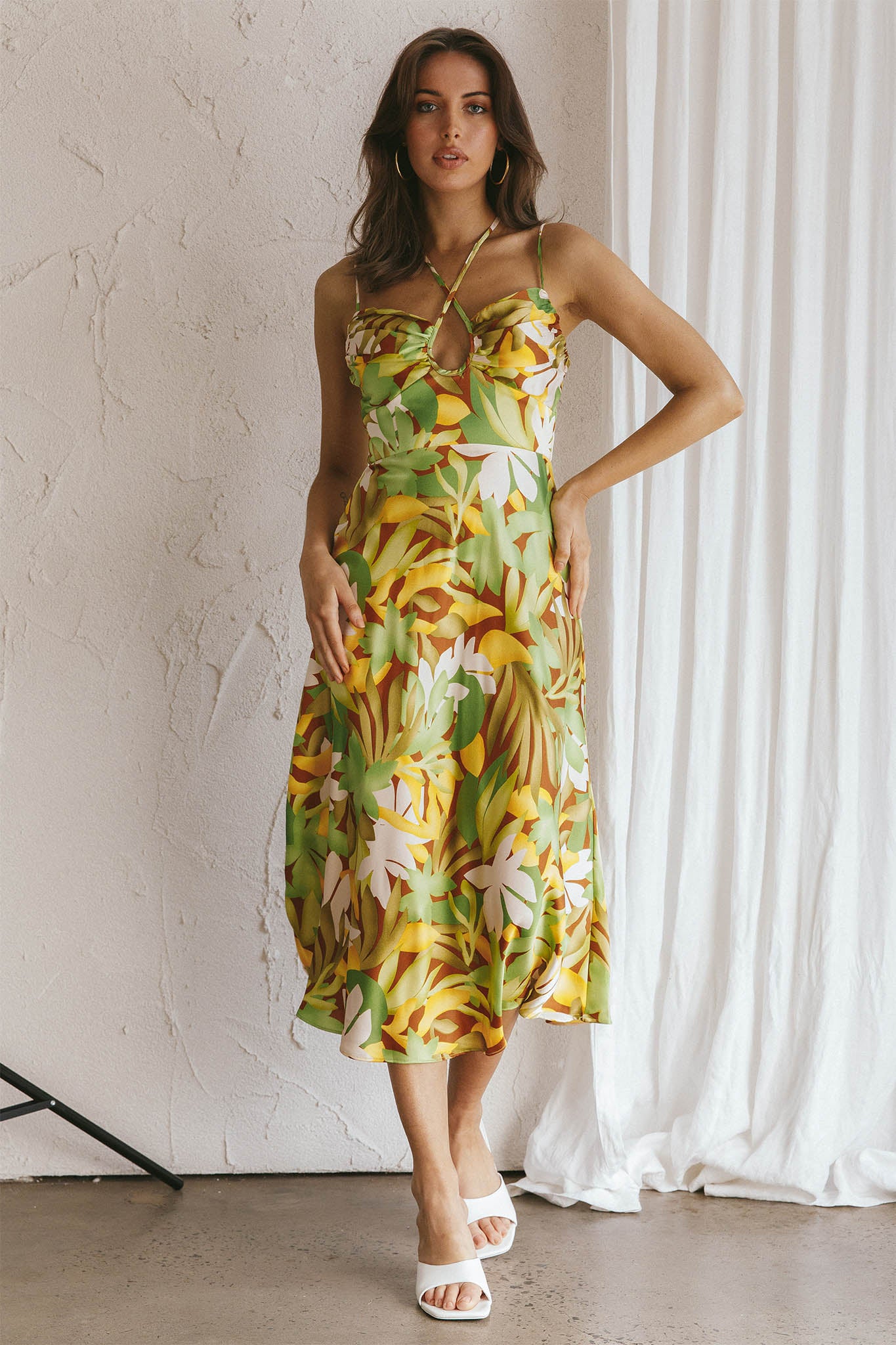 Emmalie Satin Midi Dress Floral Green by Selfie Leslie Australia