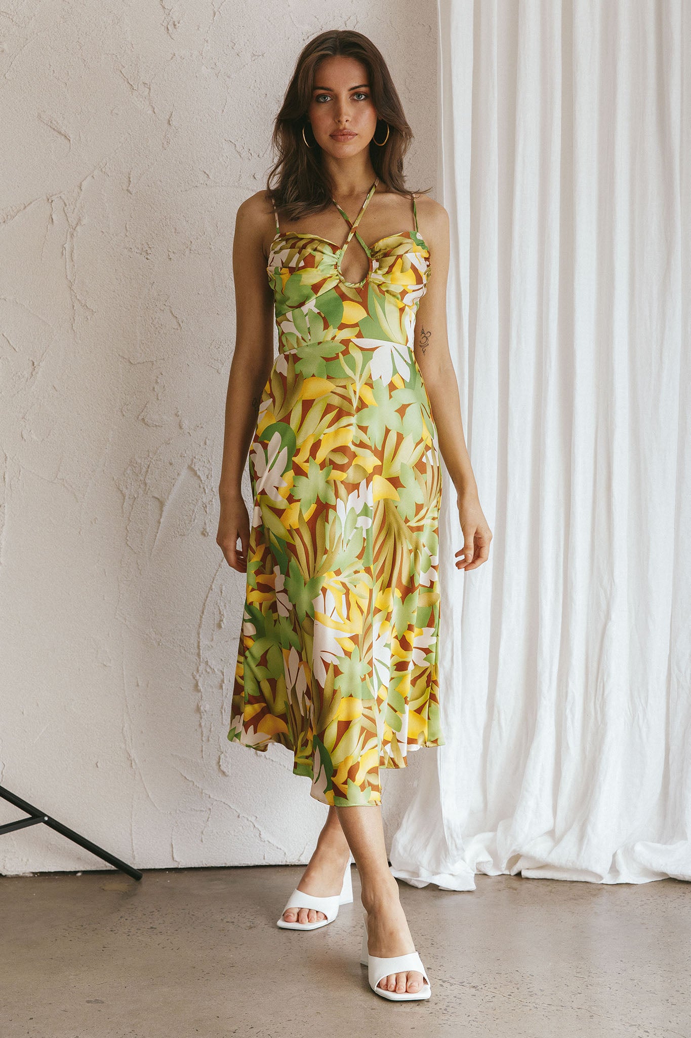Emmalie Satin Midi Dress Floral Green by Selfie Leslie Australia
