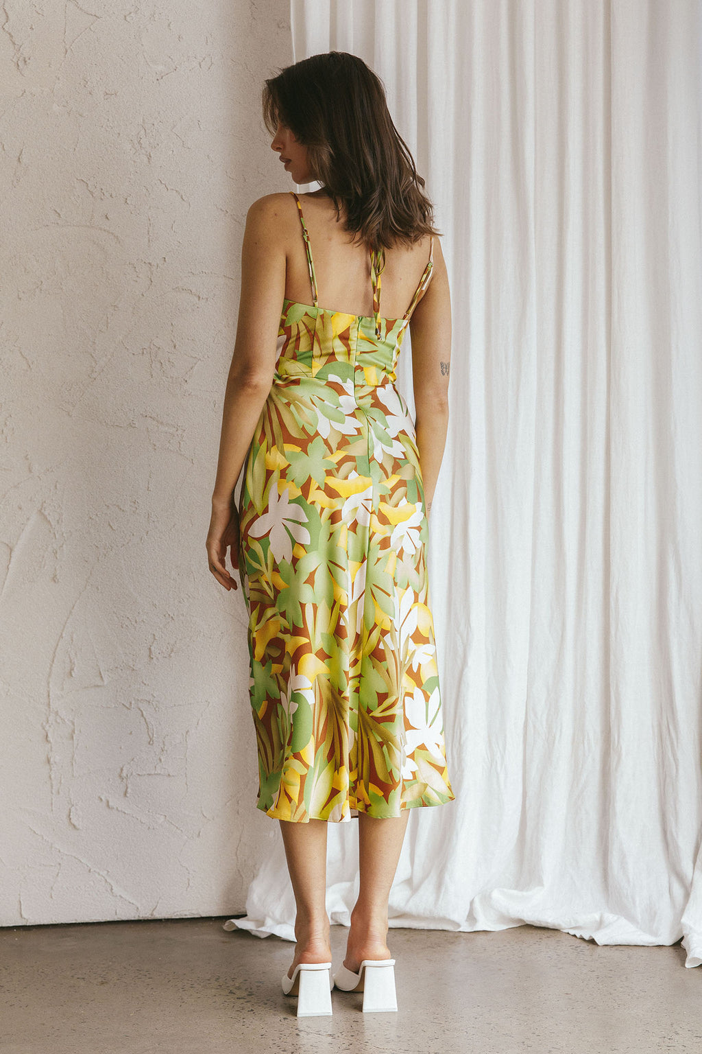 Emmalie Satin Midi Dress Floral Green by Selfie Leslie Australia