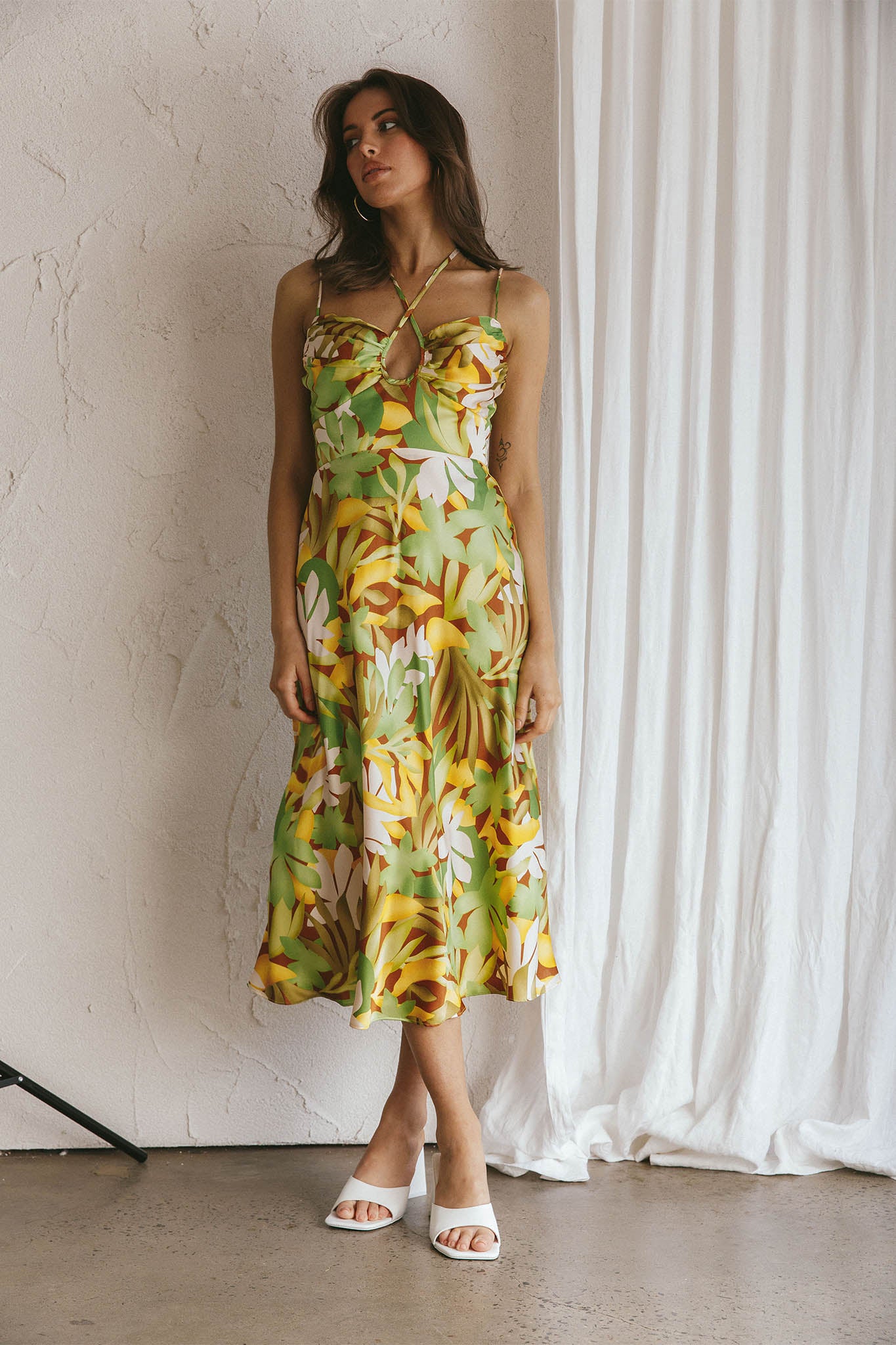 Emmalie Satin Midi Dress Floral Green by Selfie Leslie Australia