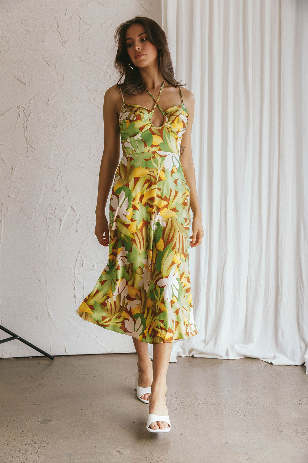 Emmalie Satin Midi Dress Floral Green by Selfie Leslie Australia