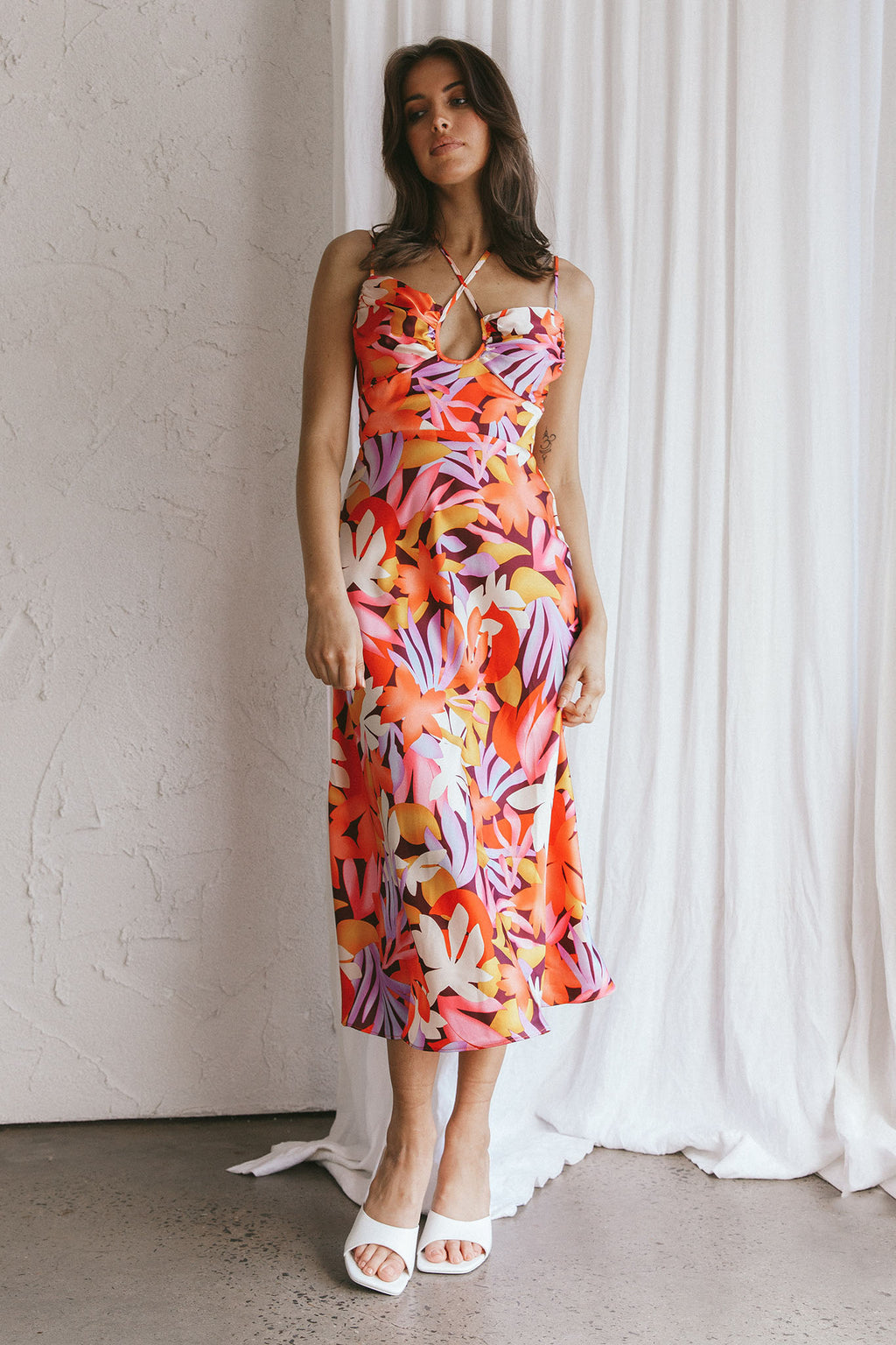 Emmalie Satin Midi Dress Floral Orange by Selfie Leslie Australia