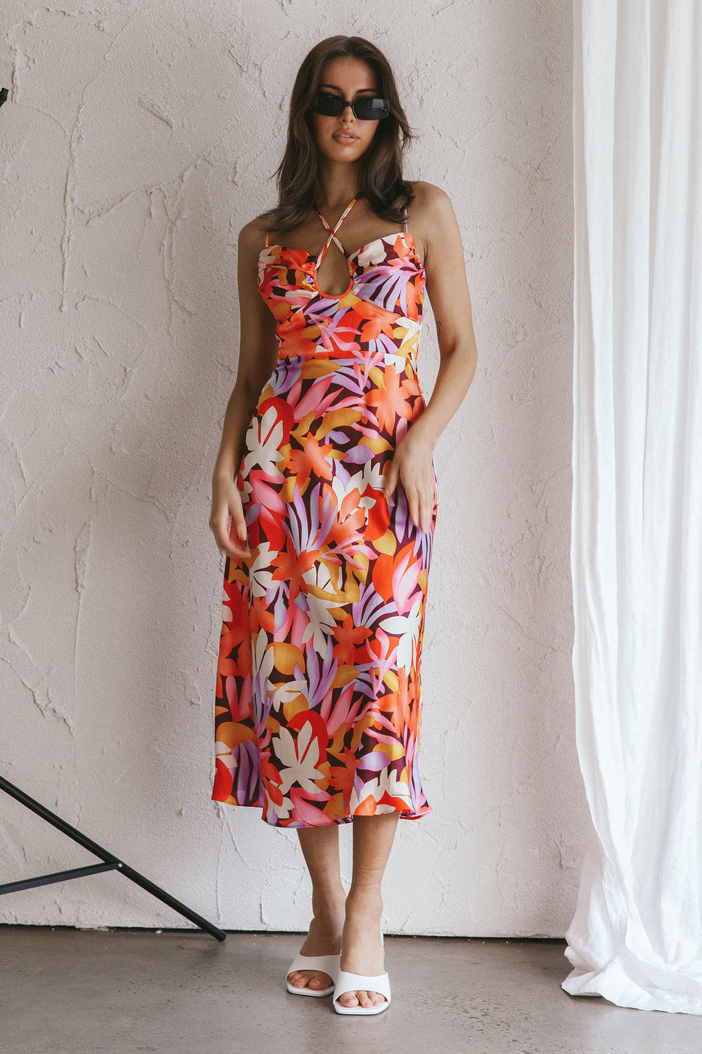 Emmalie Satin Midi Dress Floral Orange by Selfie Leslie Australia