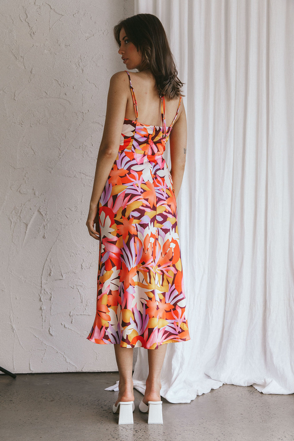 Emmalie Satin Midi Dress Floral Orange by Selfie Leslie Australia