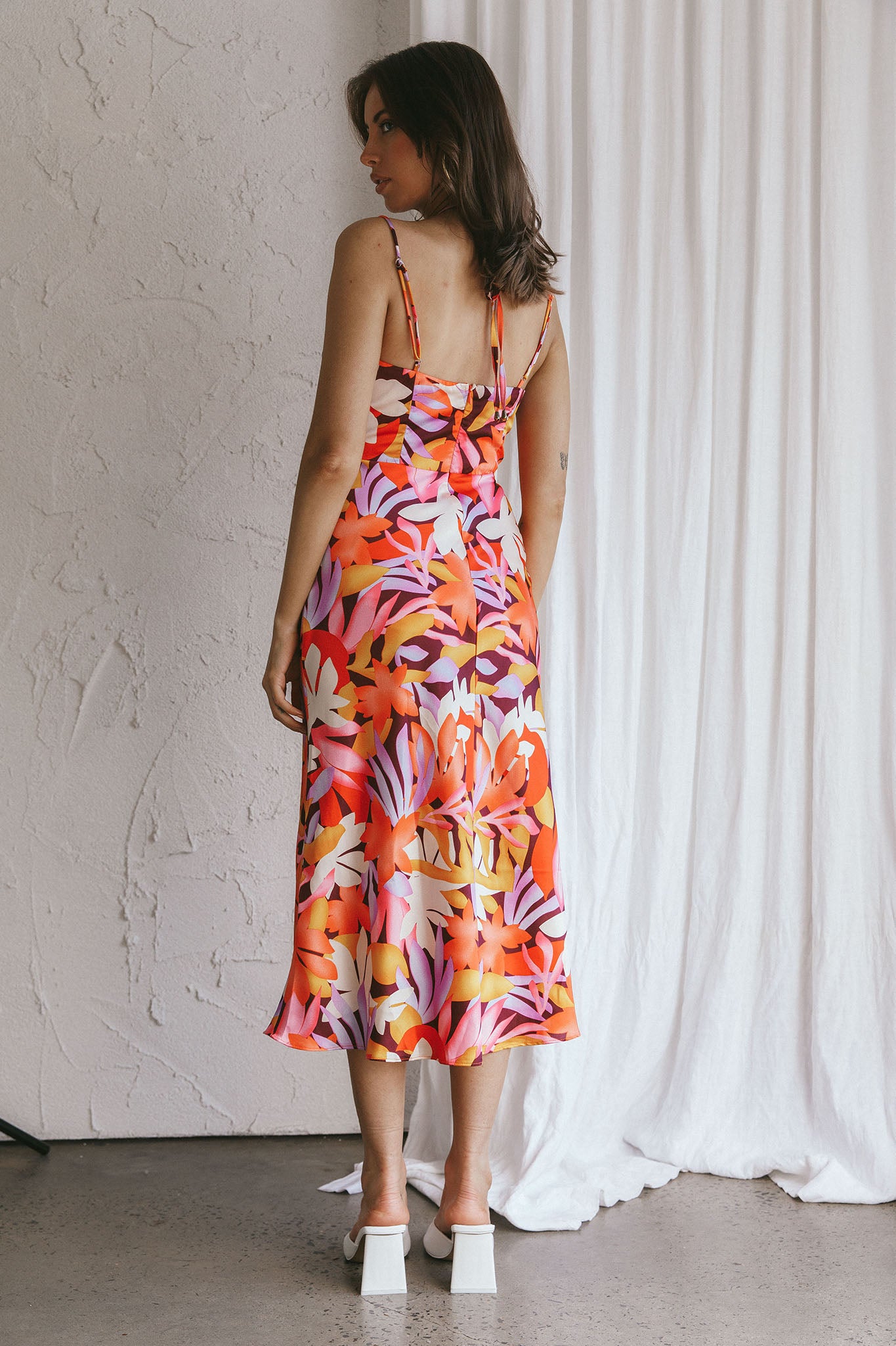 Emmalie Satin Midi Dress Floral Orange by Selfie Leslie Australia