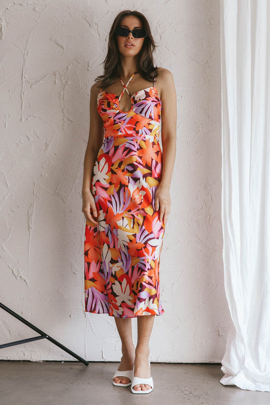 Emmalie Satin Midi Dress Floral Orange by Selfie Leslie Australia