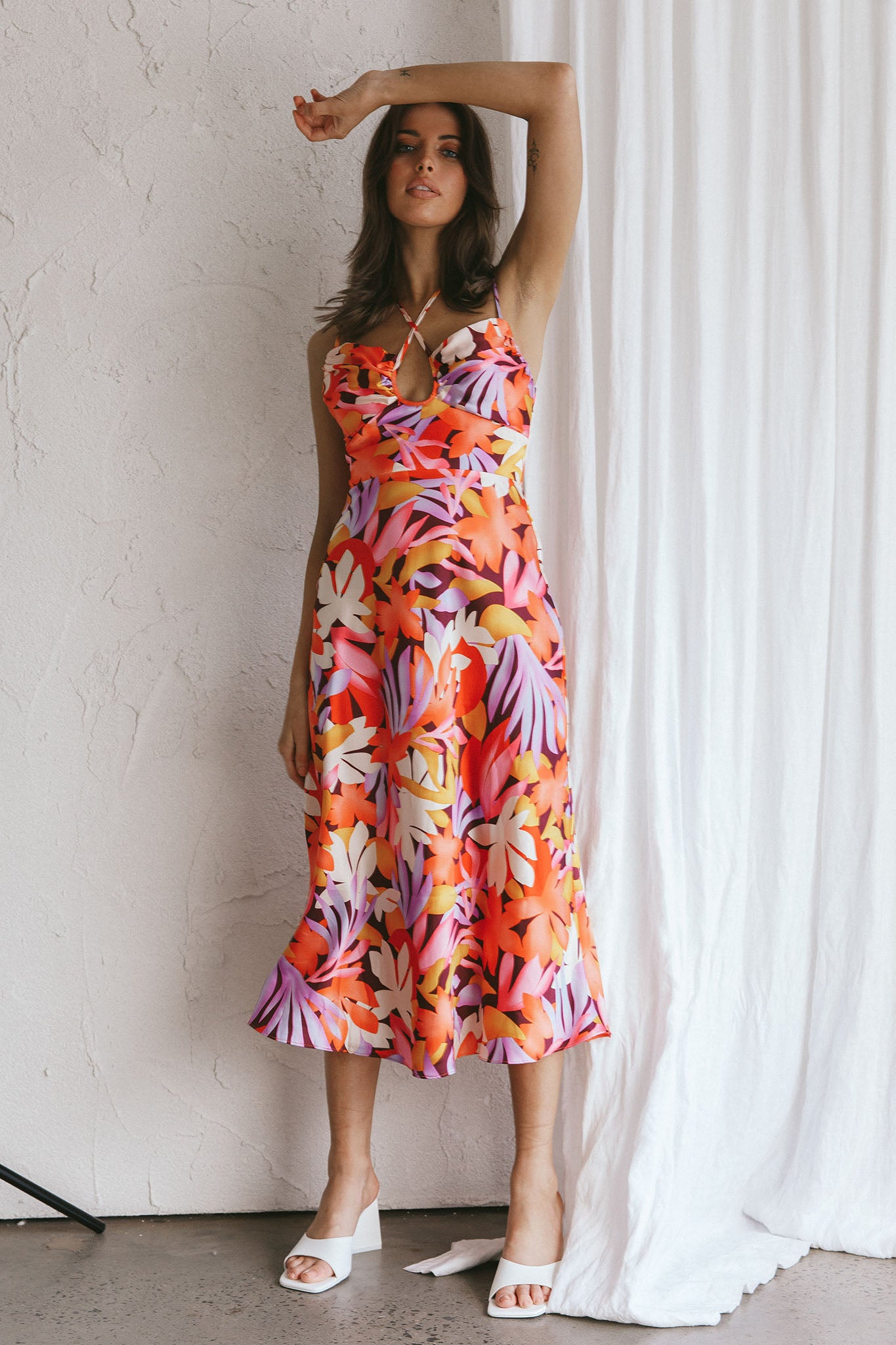 Emmalie Satin Midi Dress Floral Orange by Selfie Leslie Australia