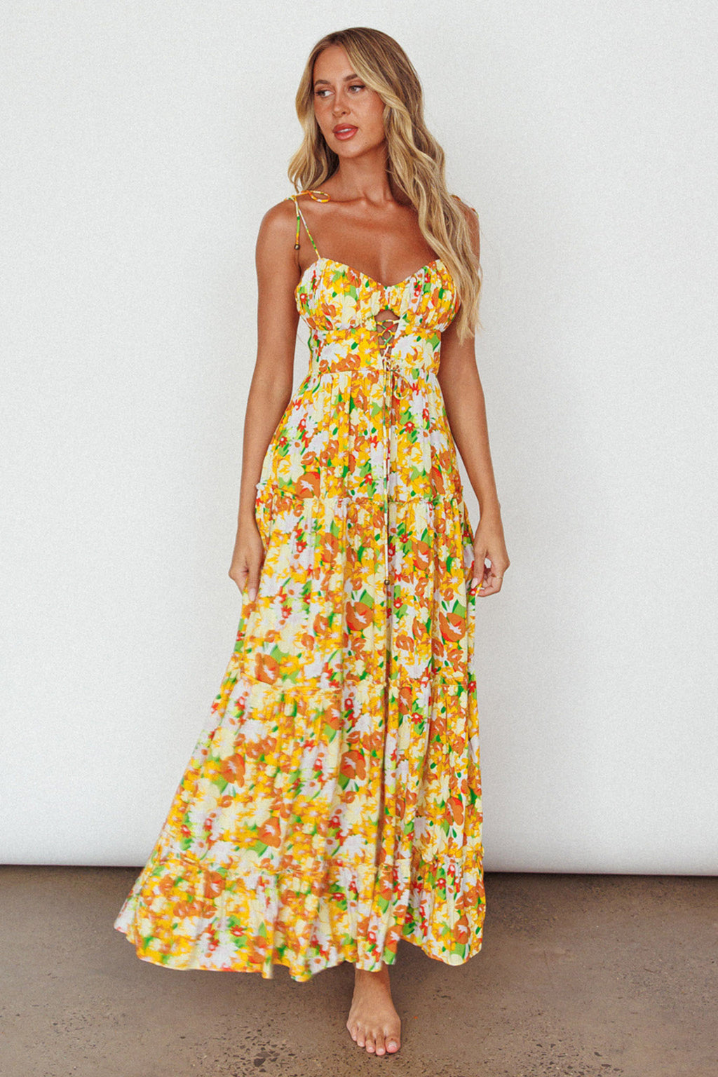 Kinlee Lace-Up Bodice Maxi Dress Floral Orange by Selfie Leslie Australia