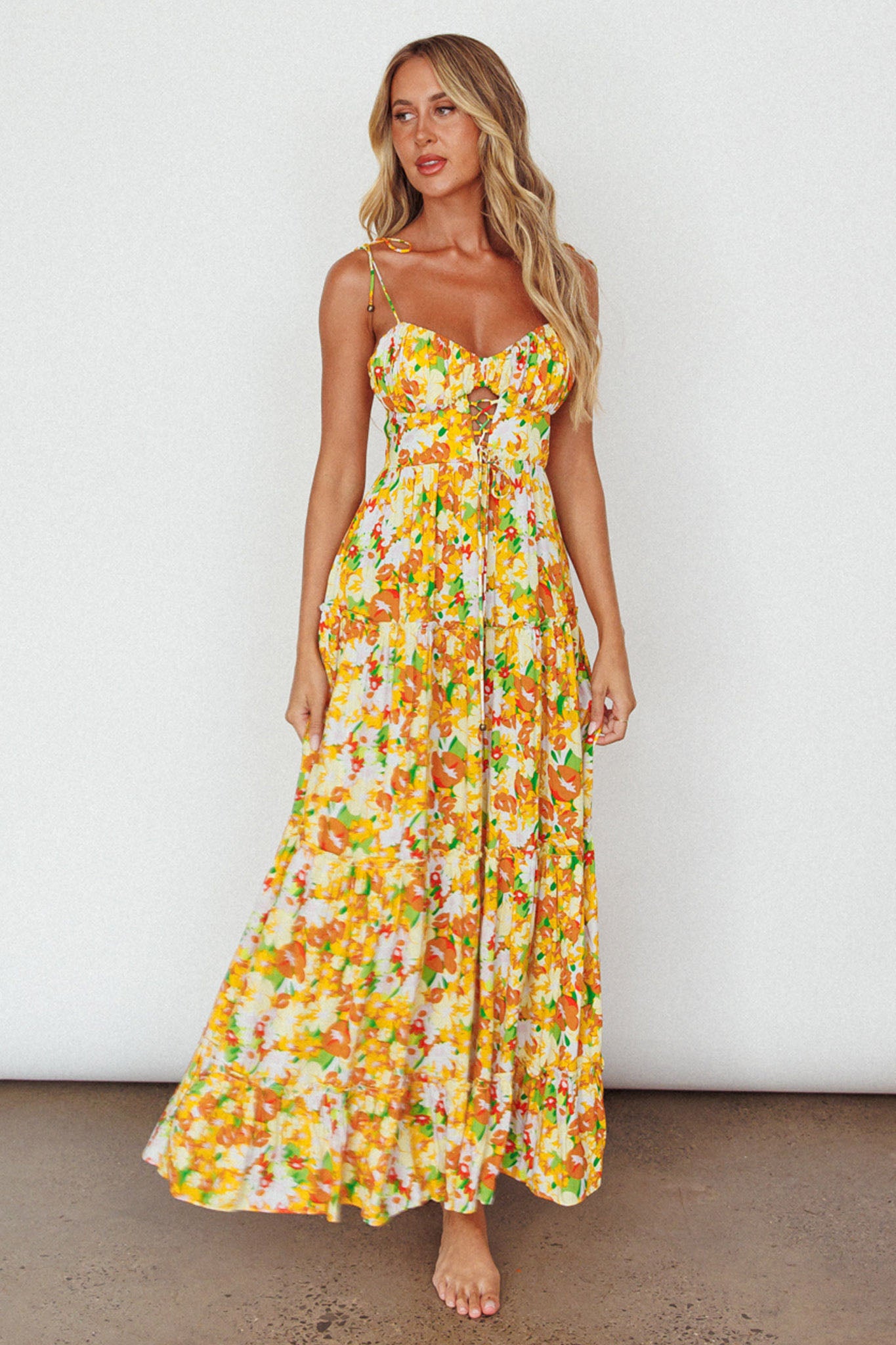 Kinlee Lace-Up Bodice Maxi Dress Floral Orange by Selfie Leslie Australia