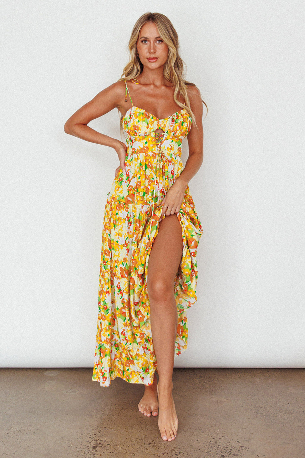 Kinlee Lace-Up Bodice Maxi Dress Floral Orange by Selfie Leslie Australia