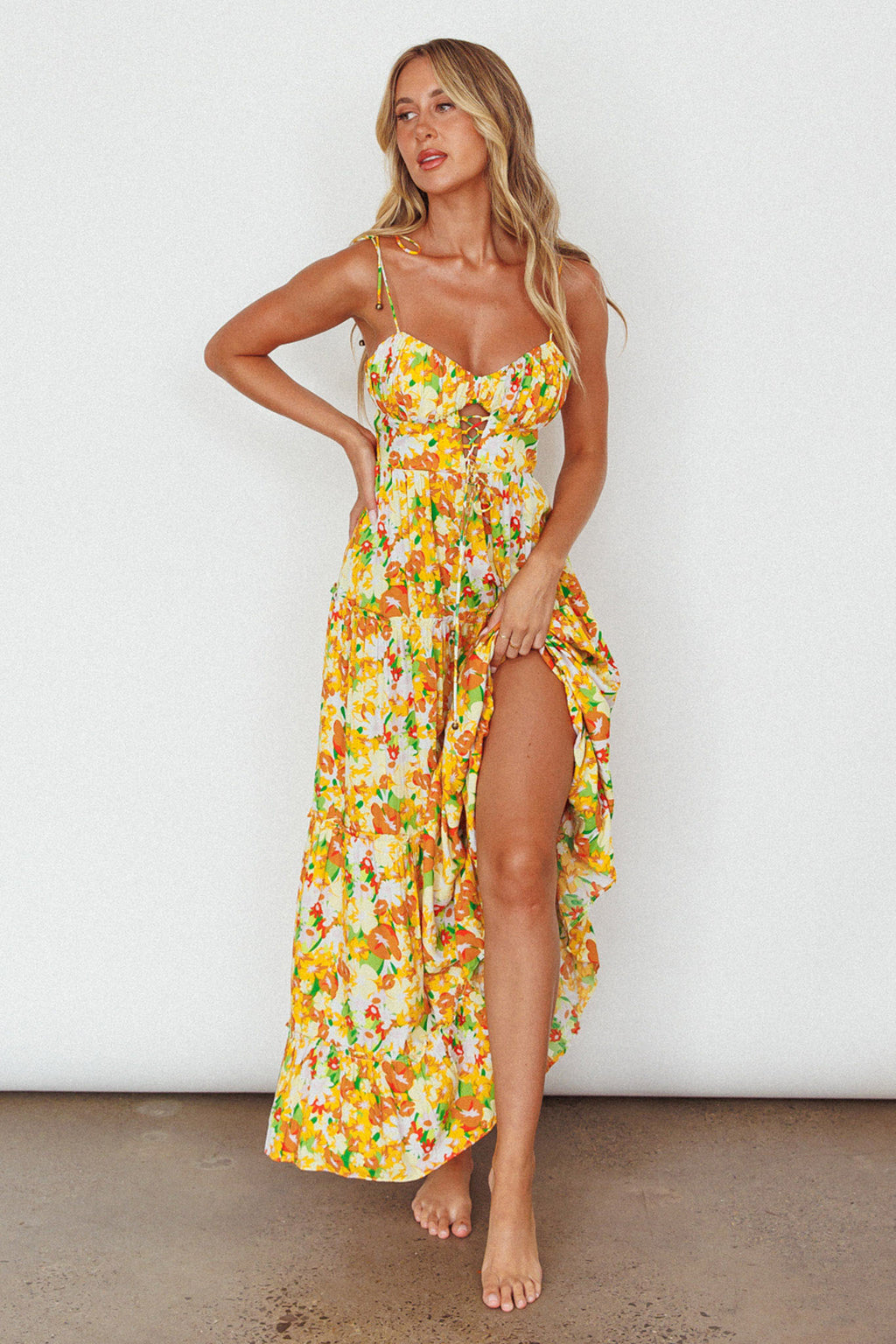 Kinlee Lace-Up Bodice Maxi Dress Floral Orange by Selfie Leslie Australia