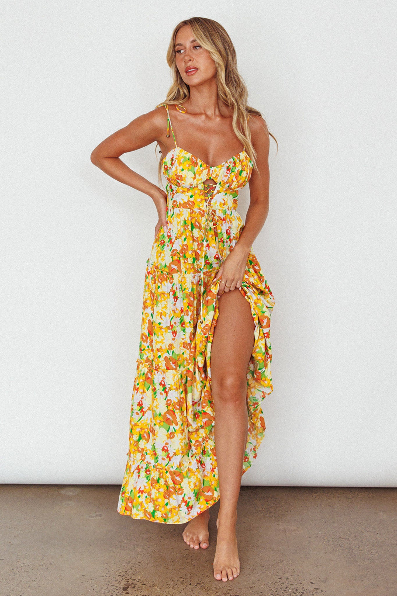 Kinlee Lace-Up Bodice Maxi Dress Floral Orange by Selfie Leslie Australia