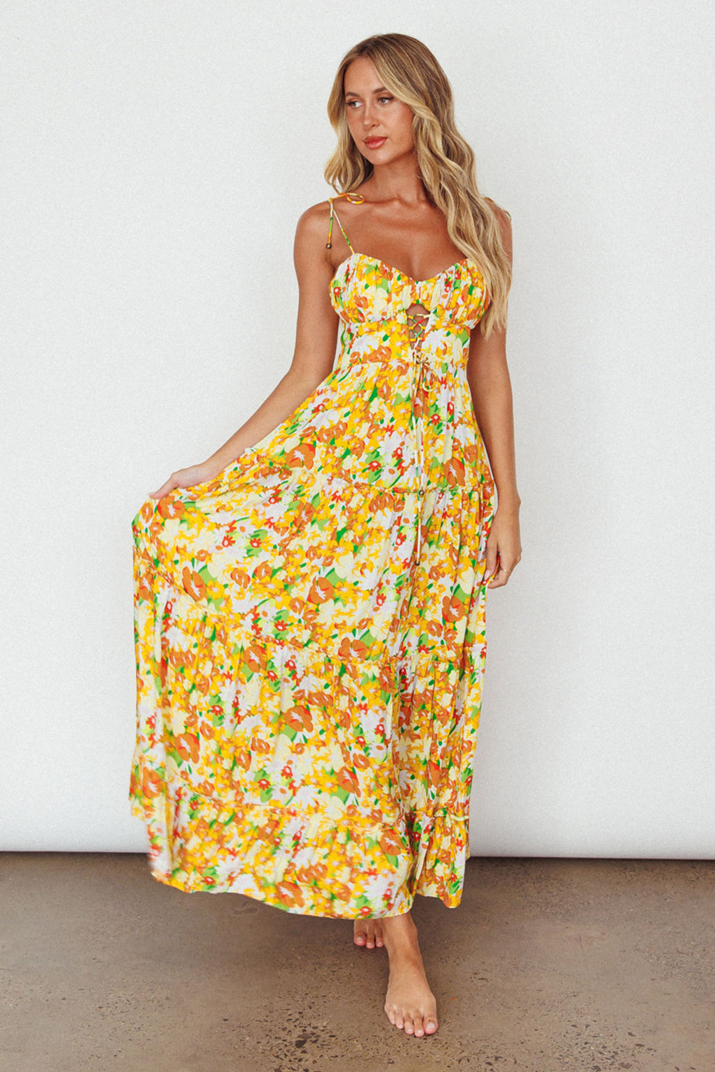 Kinlee Lace-Up Bodice Maxi Dress Floral Orange by Selfie Leslie Australia