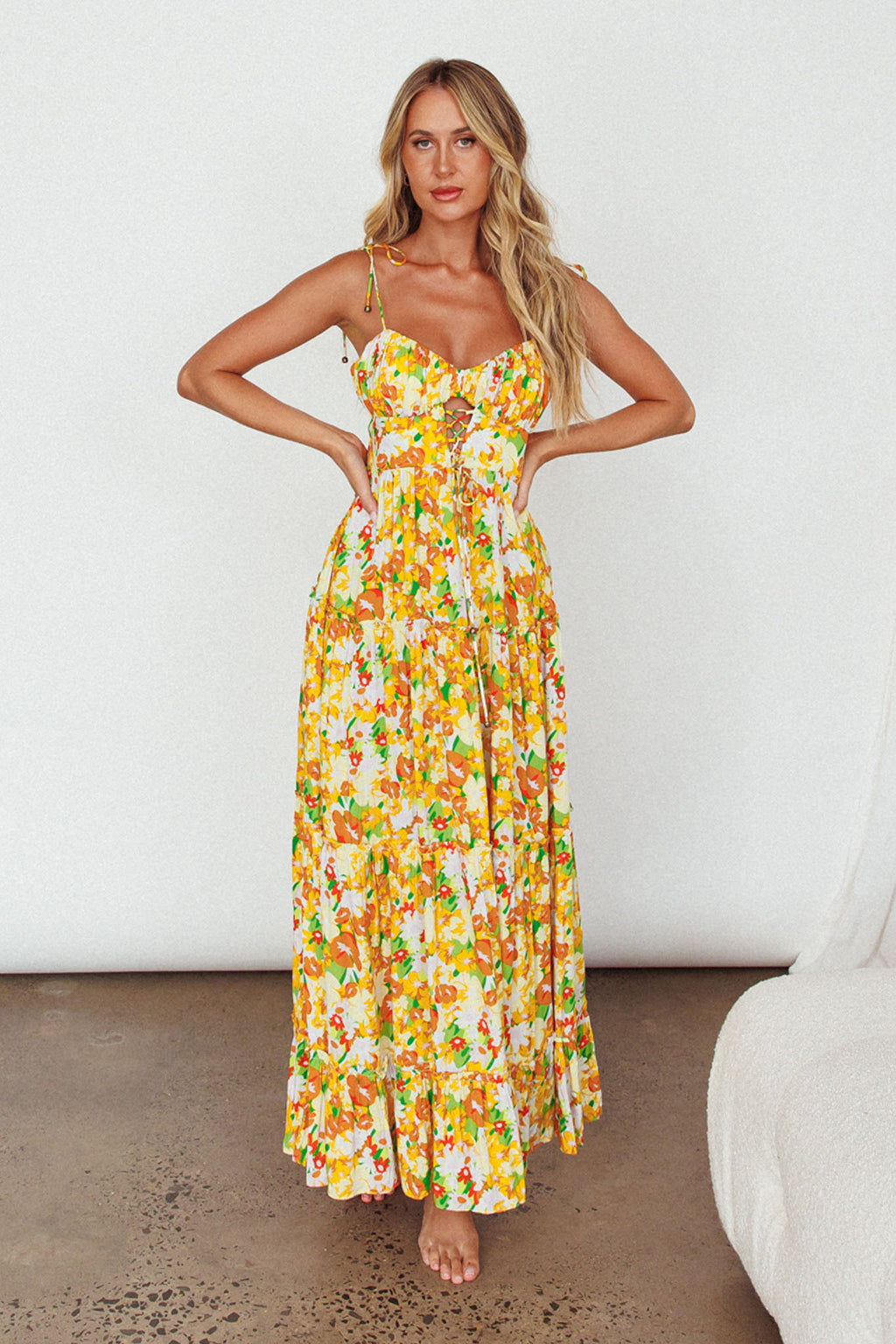 Kinlee Lace-Up Bodice Maxi Dress Floral Orange by Selfie Leslie Australia