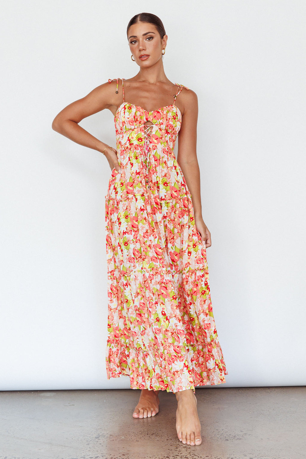 Kinlee Lace-Up Bodice Maxi Dress Floral Pink by Selfie Leslie Australia