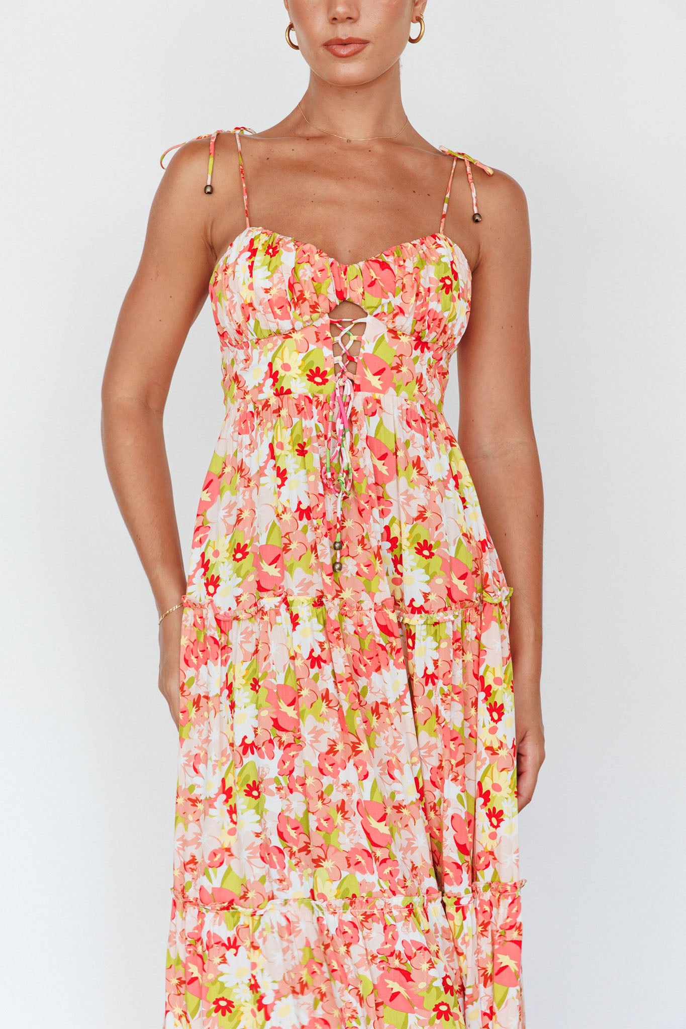 Kinlee Lace-Up Bodice Maxi Dress Floral Pink by Selfie Leslie Australia