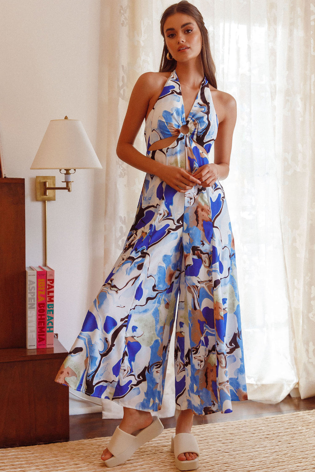 Solstice Sun Halterneck Jumpsuit Swirl Blue by Selfie Leslie Australia