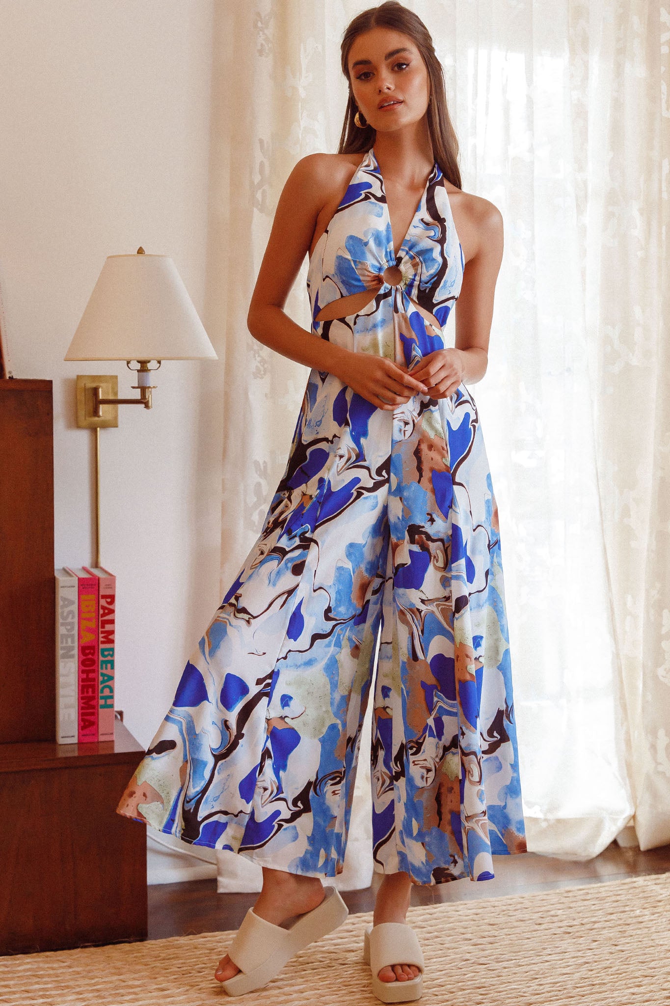 Solstice Sun Halterneck Jumpsuit Swirl Blue by Selfie Leslie Australia