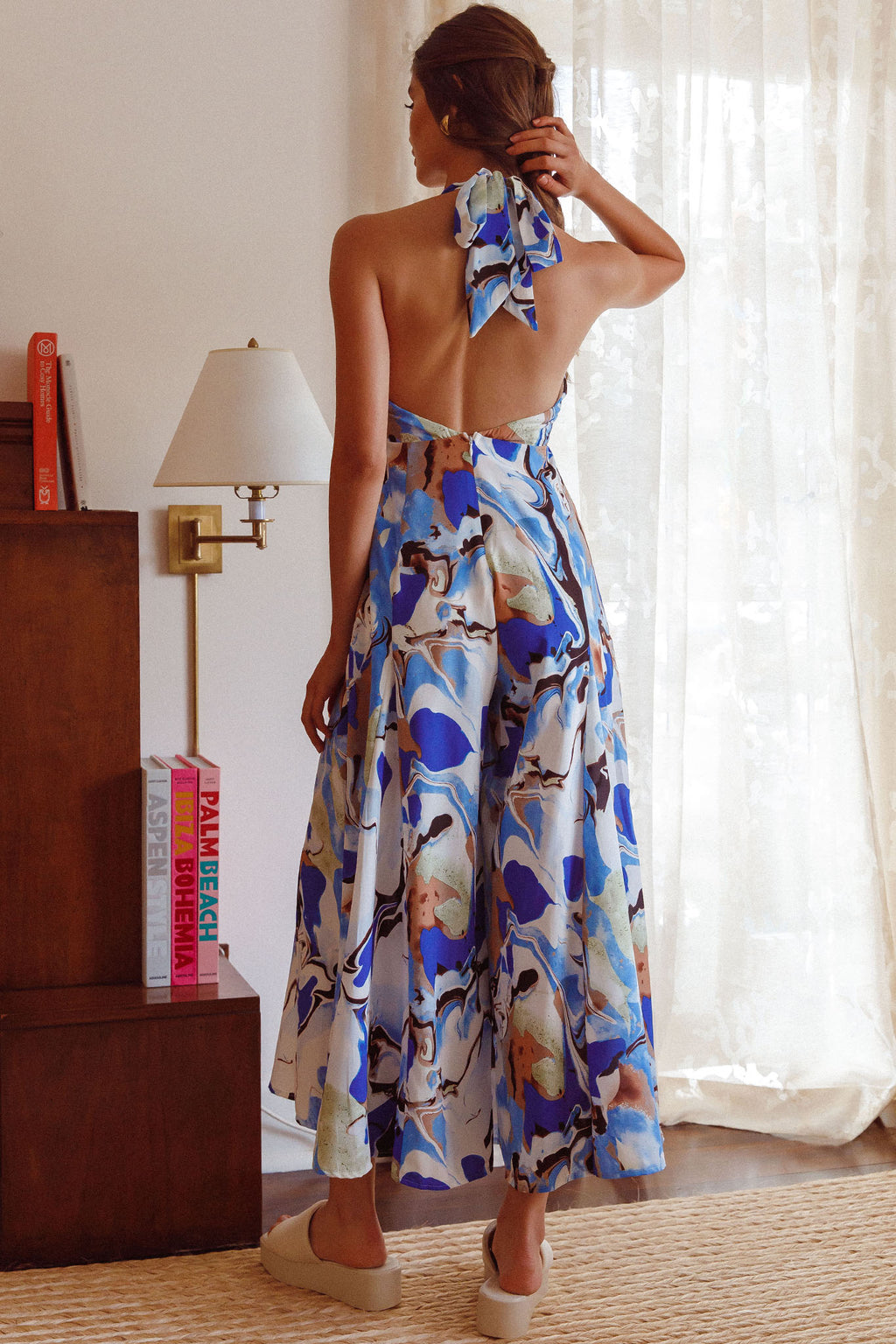 Solstice Sun Halterneck Jumpsuit Swirl Blue by Selfie Leslie Australia