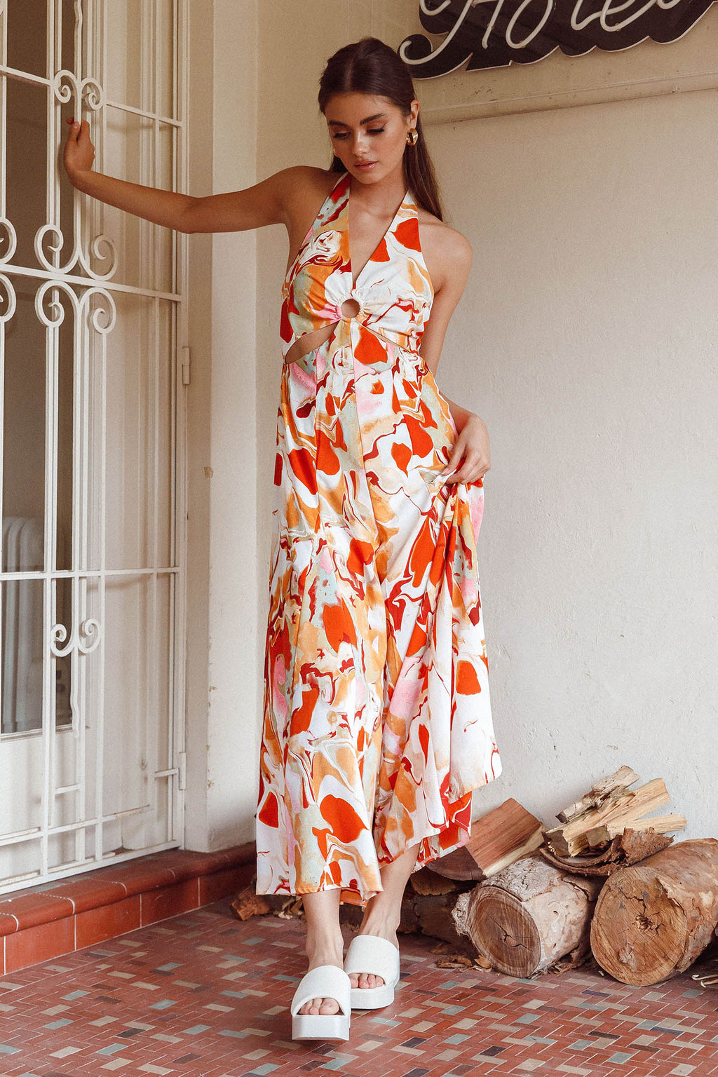 Solstice Sun Halterneck Jumpsuit Swirl Orange by Selfie Leslie Australia