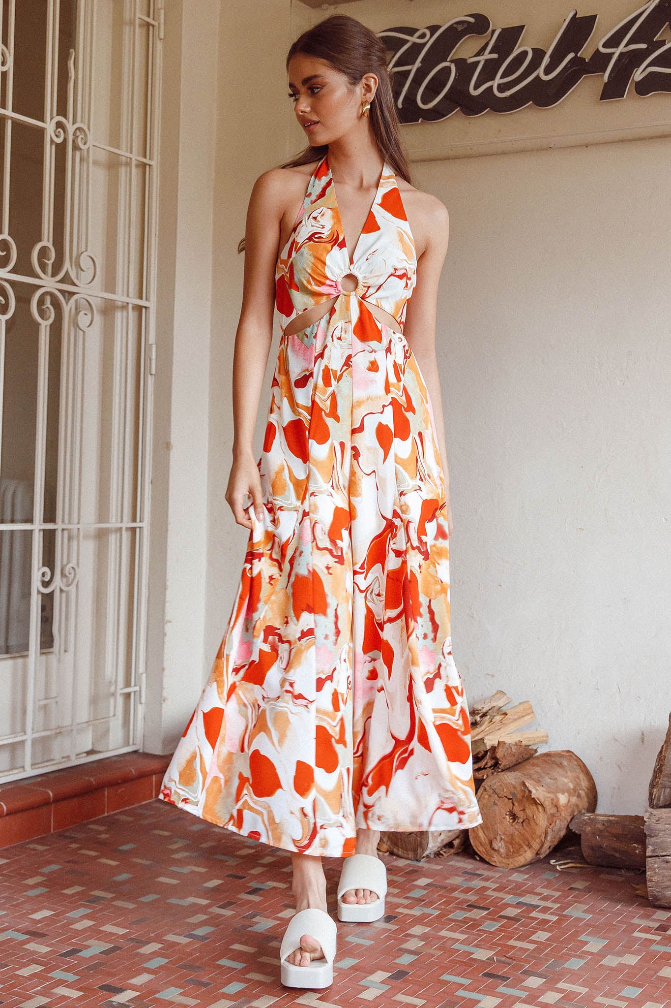 Solstice Sun Halterneck Jumpsuit Swirl Orange by Selfie Leslie Australia