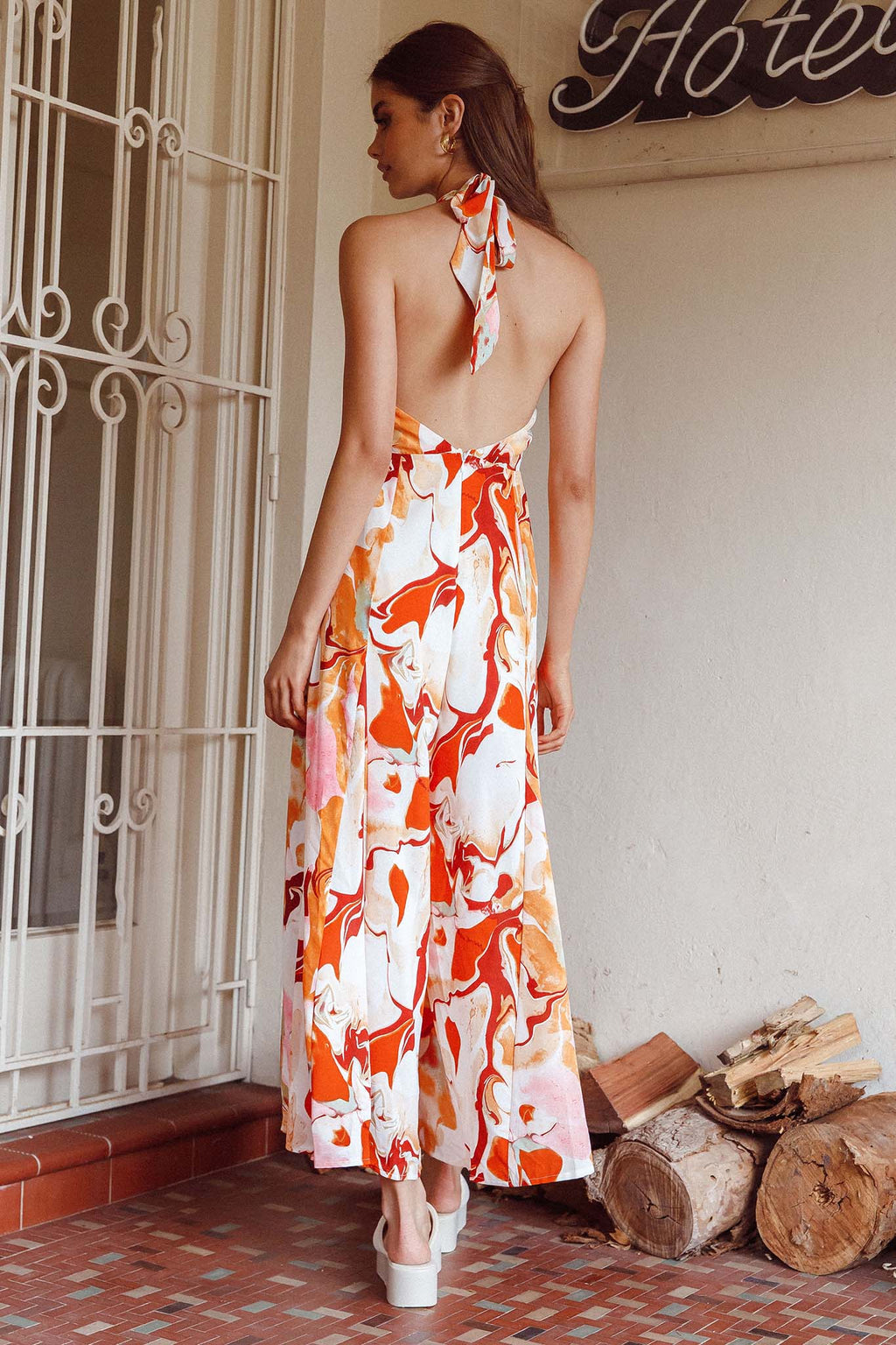Solstice Sun Halterneck Jumpsuit Swirl Orange by Selfie Leslie Australia
