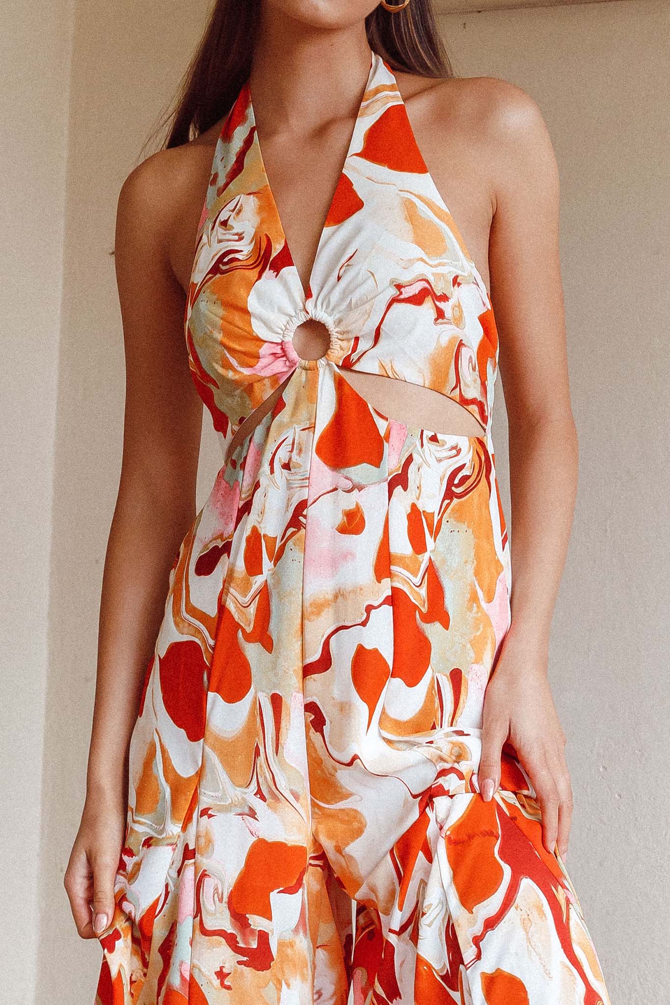 Solstice Sun Halterneck Jumpsuit Swirl Orange by Selfie Leslie Australia