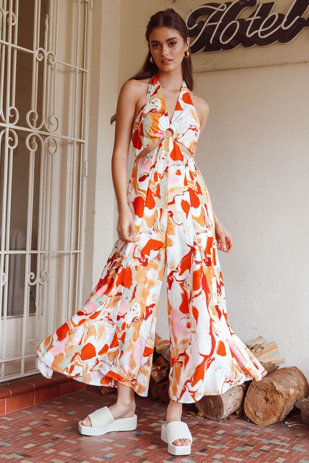 Solstice Sun Halterneck Jumpsuit Swirl Orange by Selfie Leslie Australia