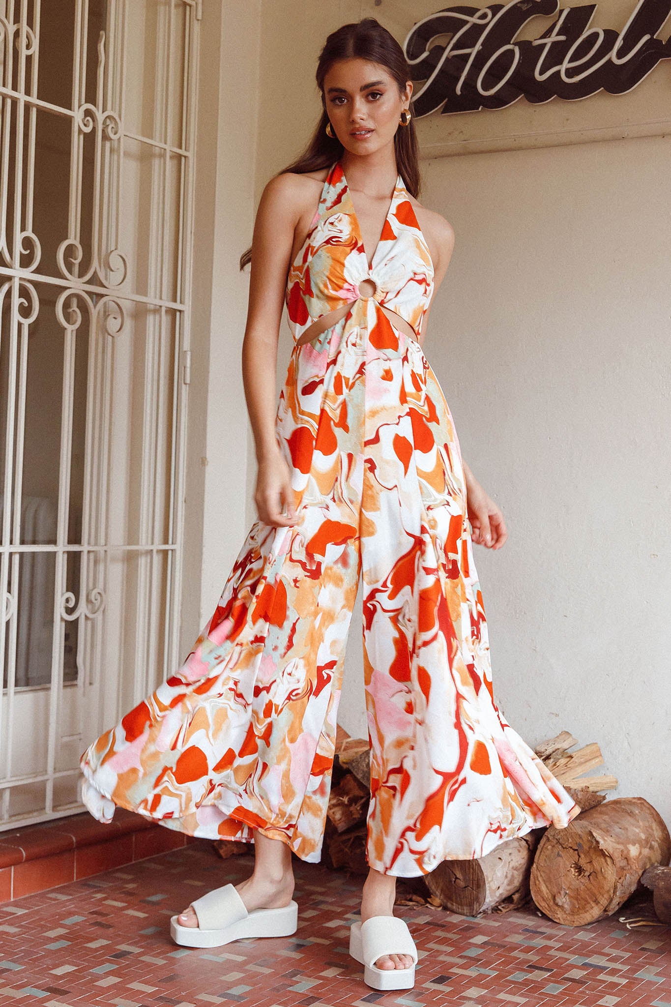 Solstice Sun Halterneck Jumpsuit Swirl Orange by Selfie Leslie Australia