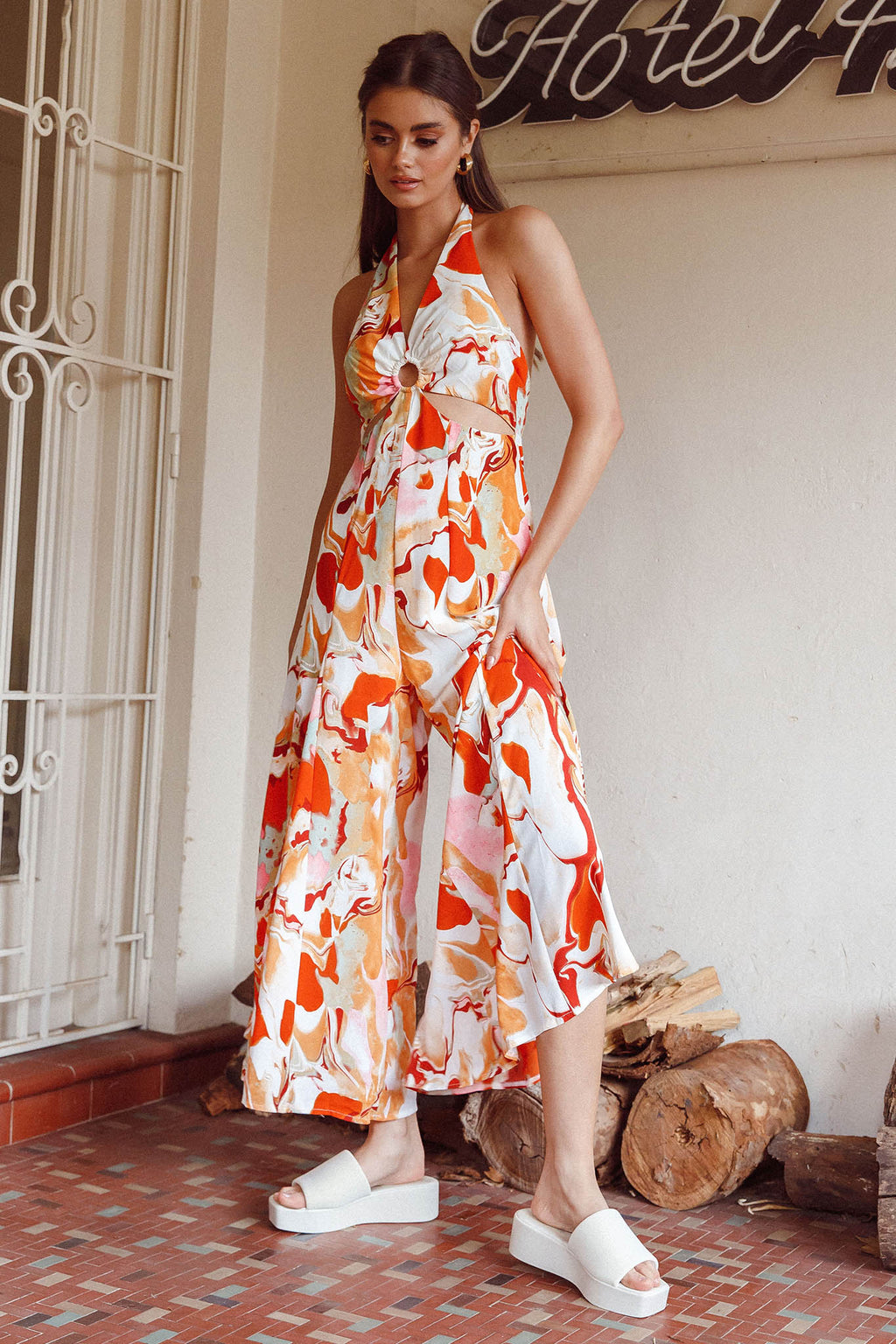 Solstice Sun Halterneck Jumpsuit Swirl Orange by Selfie Leslie Australia