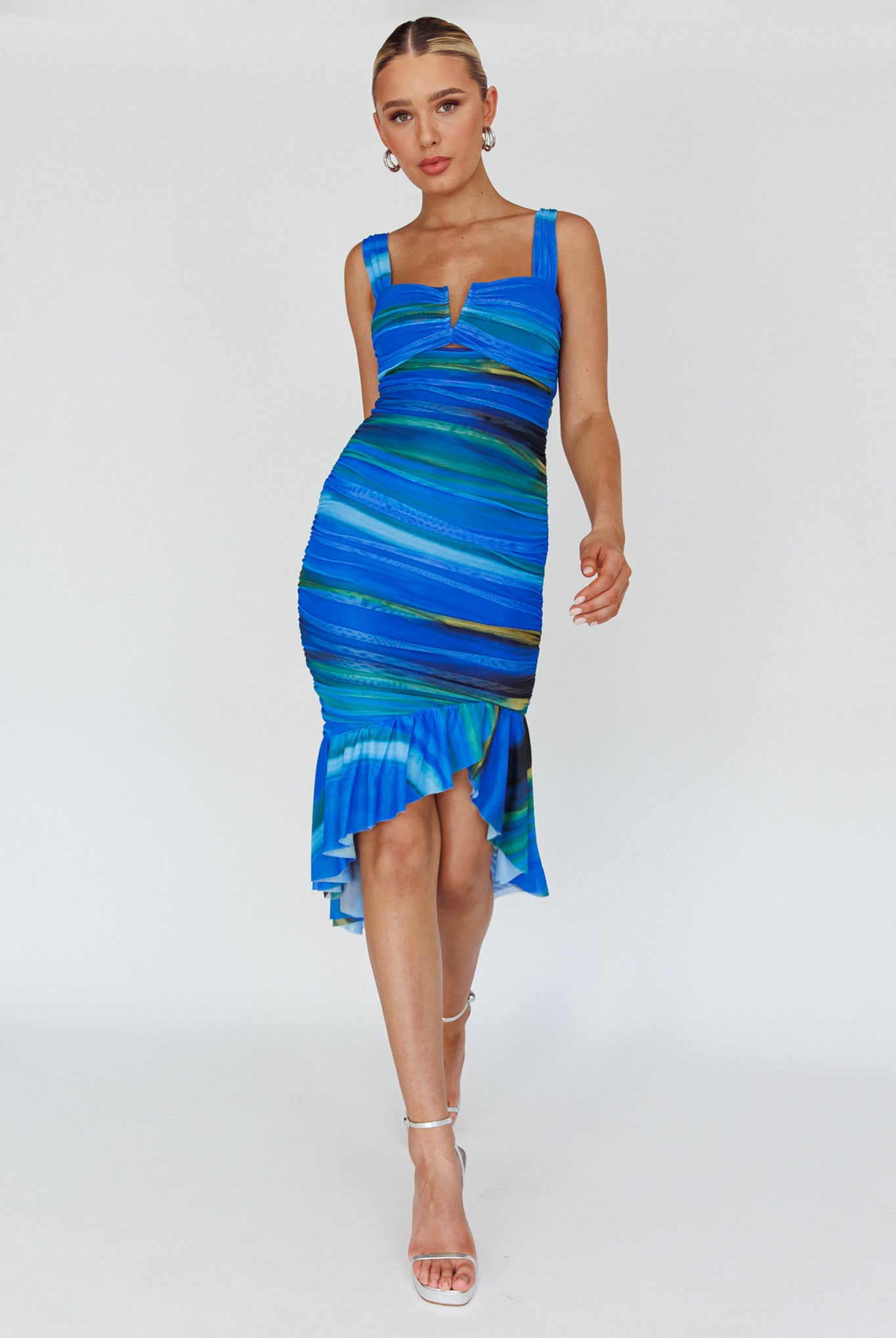 Nadia Ruched Fishtail Midi Dress Print Blue by Selfie Leslie Australia