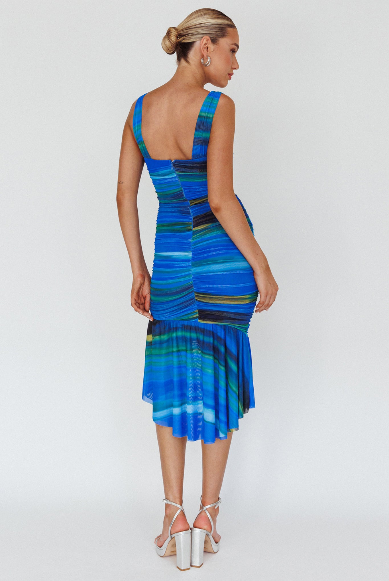 Nadia Ruched Fishtail Midi Dress Print Blue by Selfie Leslie Australia