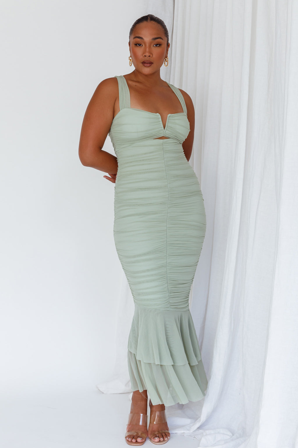 Nadia Ruched Fishtail Maxi Dress Pistachio by Selfie Leslie Australia