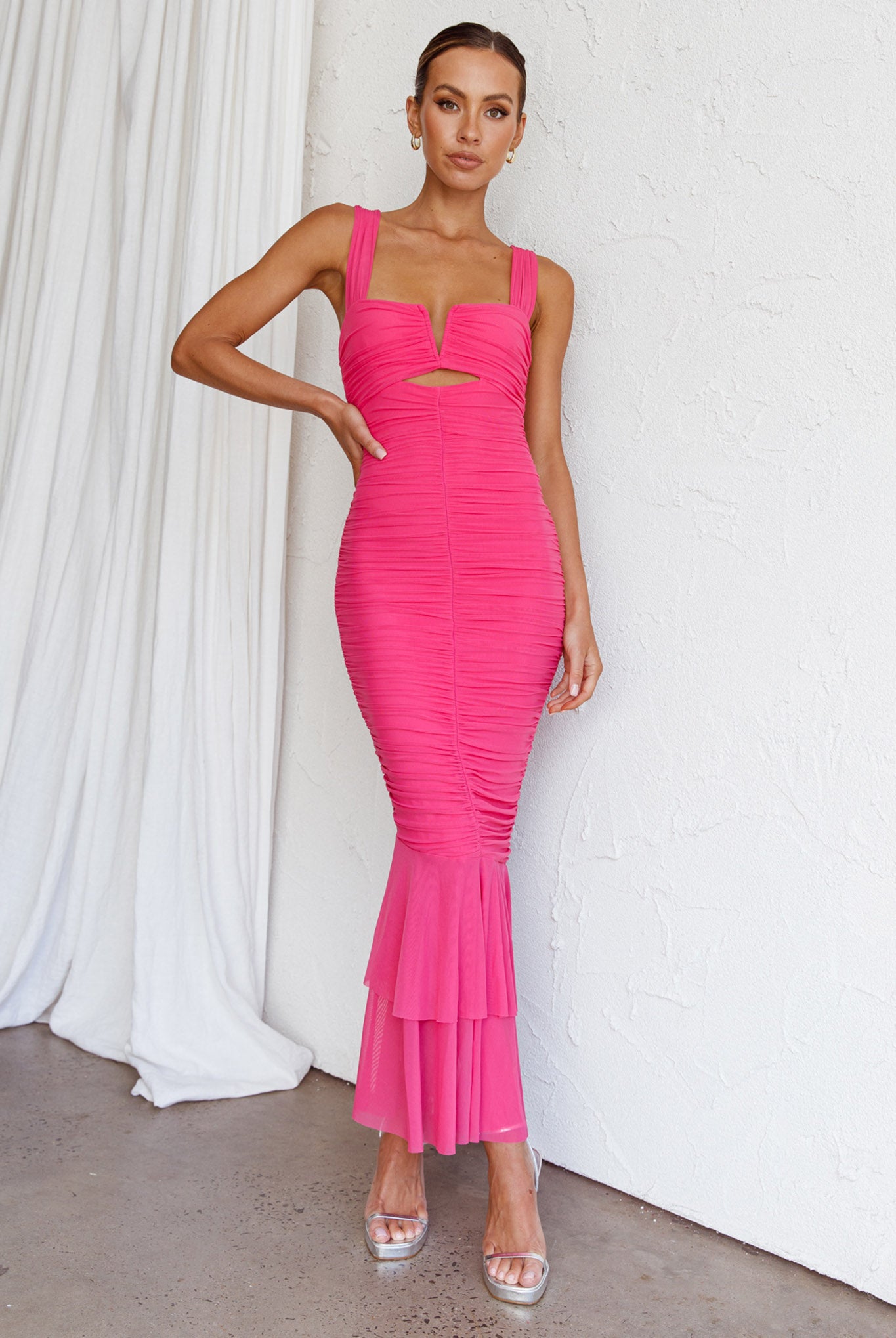 Nadia Ruched Fishtail Maxi Dress Hot Pink by Selfie Leslie Australia