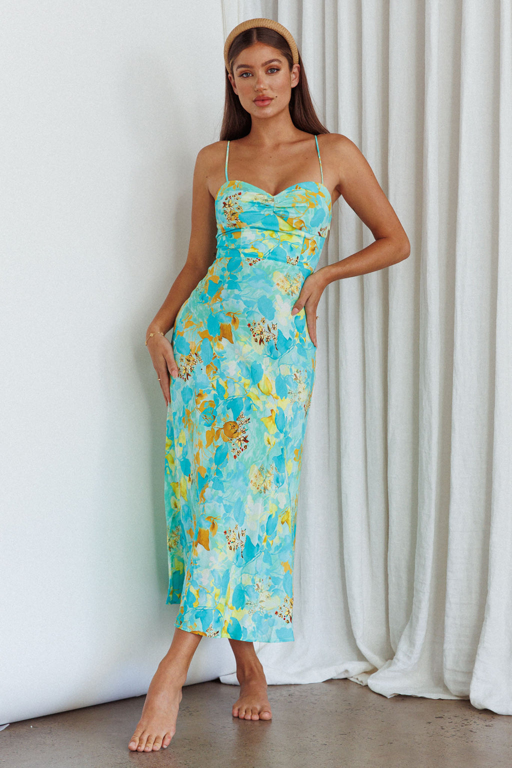 Golden Sands Cami Strap Maxi Dress Floral Teal by Selfie Leslie Australia