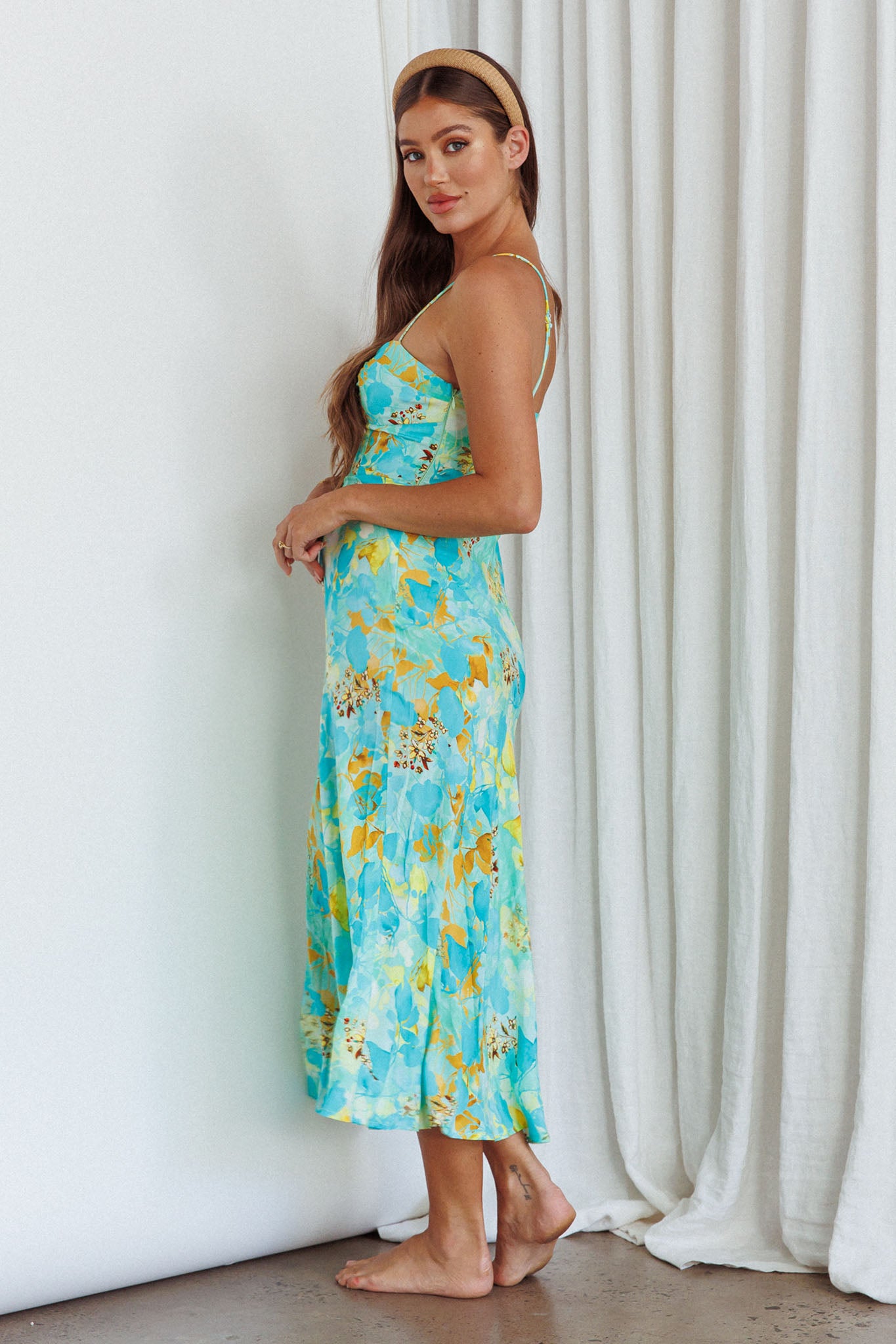 Golden Sands Cami Strap Maxi Dress Floral Teal by Selfie Leslie Australia