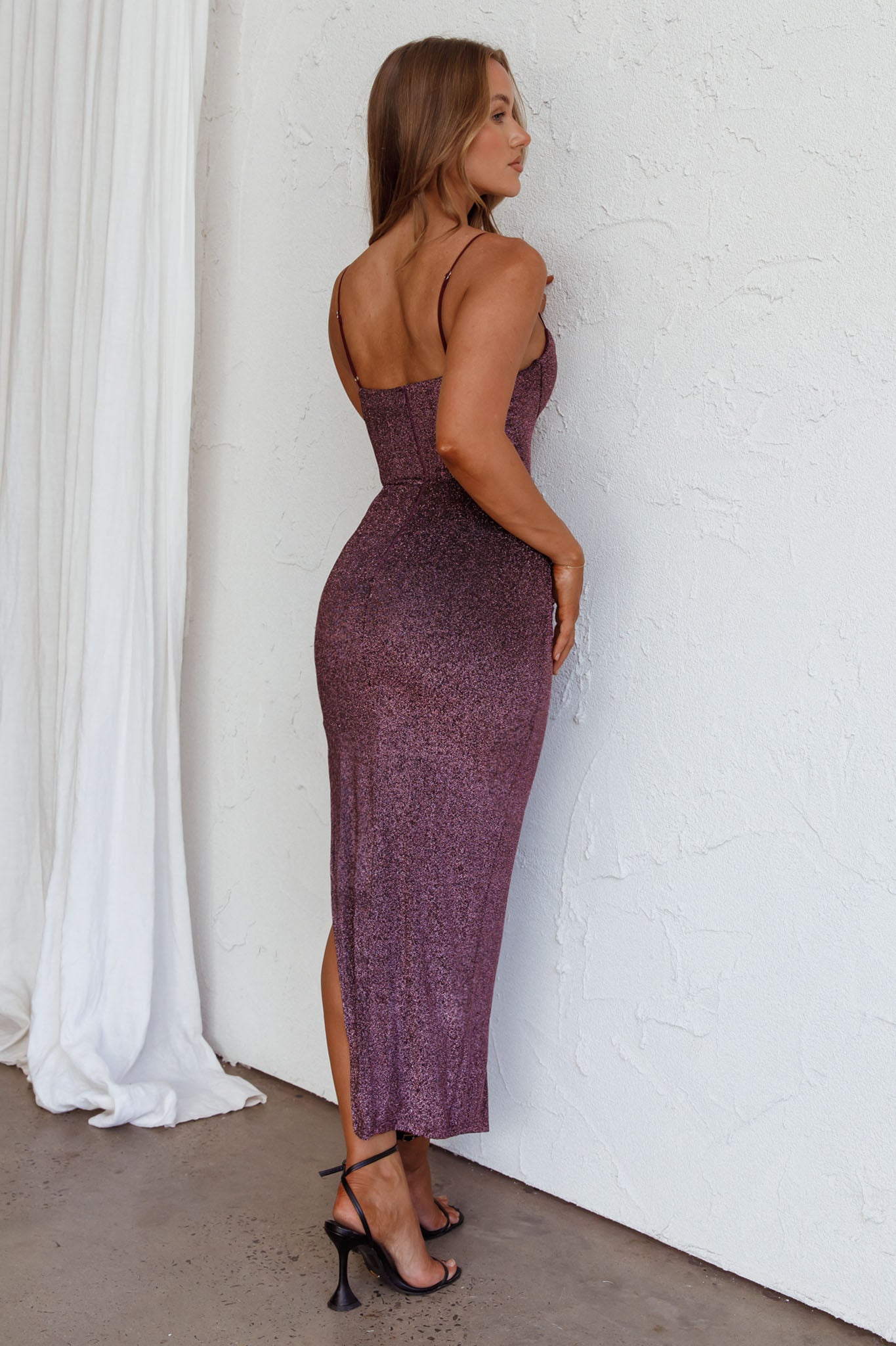 Silver Screen Queen Thigh Split Maxi Dress Purple by Selfie Leslie Australia