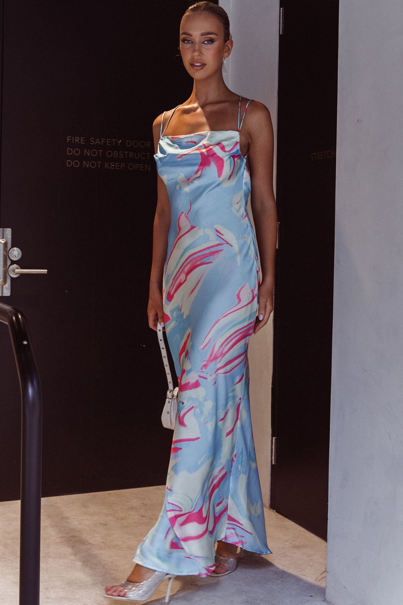 Moment With You Ruched Bust Midi Dress Swirl Blue/White by Selfie Leslie Australia