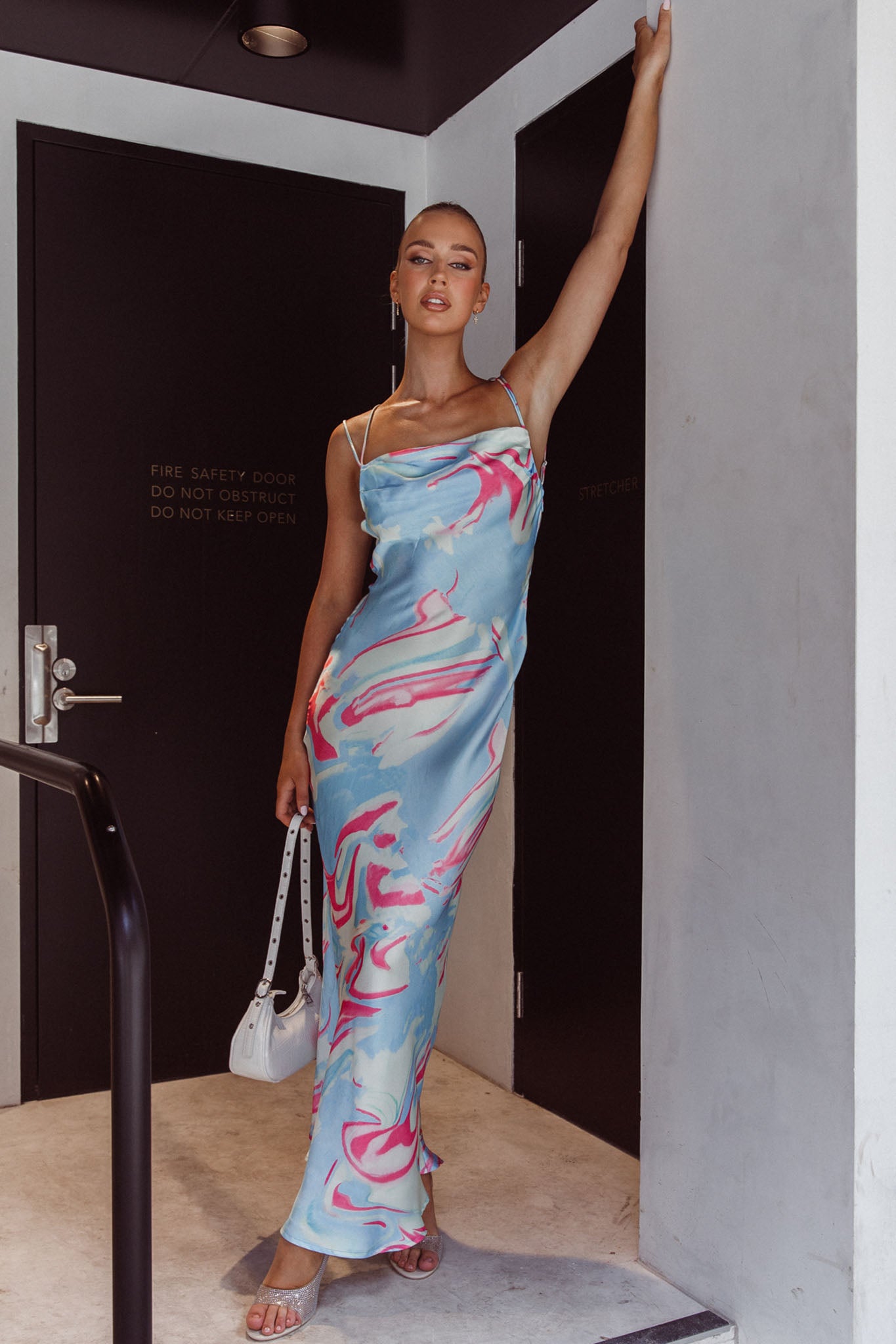 Moment With You Ruched Bust Midi Dress Swirl Blue/White by Selfie Leslie Australia