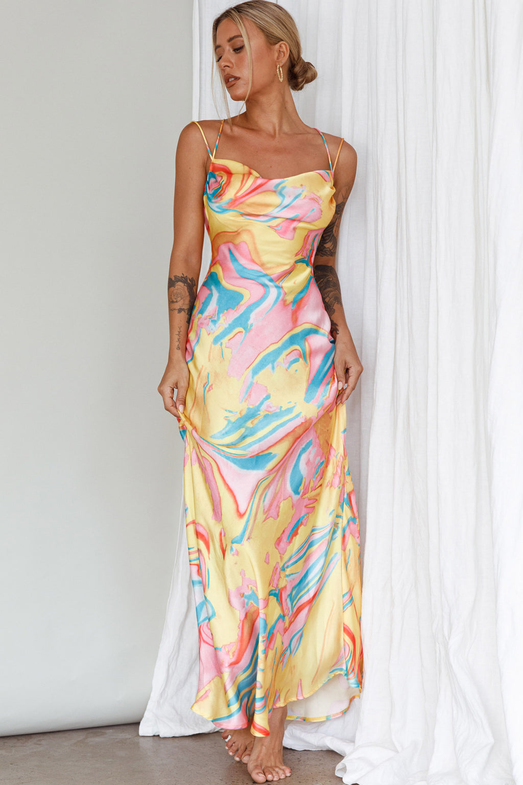 Moment With You Ruched Bust Midi Dress Swirl Yellow/Green by Selfie Leslie Australia