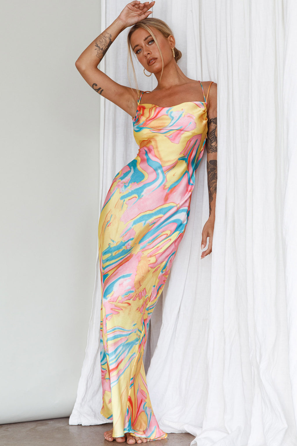Moment With You Ruched Bust Midi Dress Swirl Yellow/Green by Selfie Leslie Australia