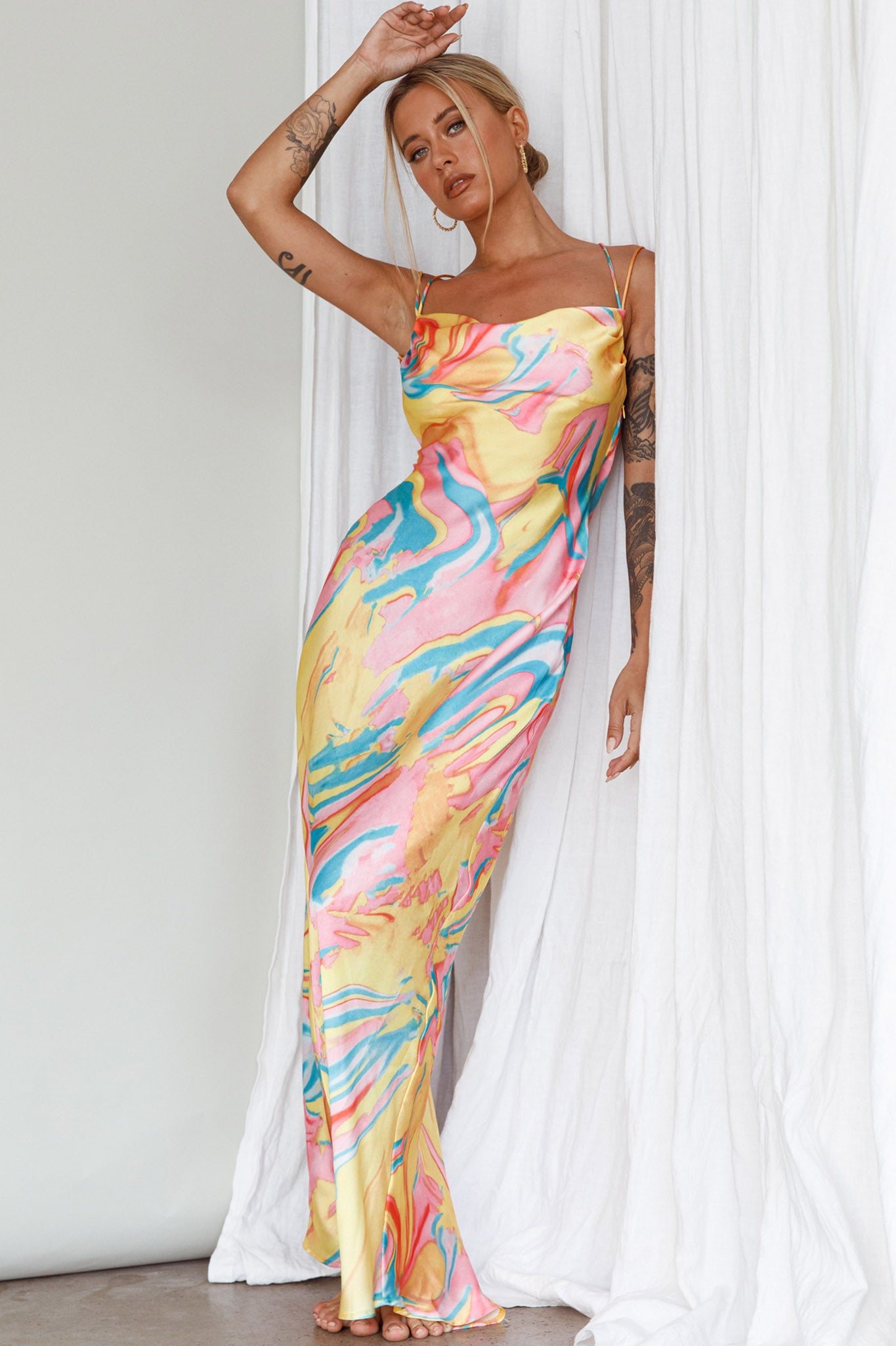 Moment With You Ruched Bust Midi Dress Swirl Yellow/Green by Selfie Leslie Australia
