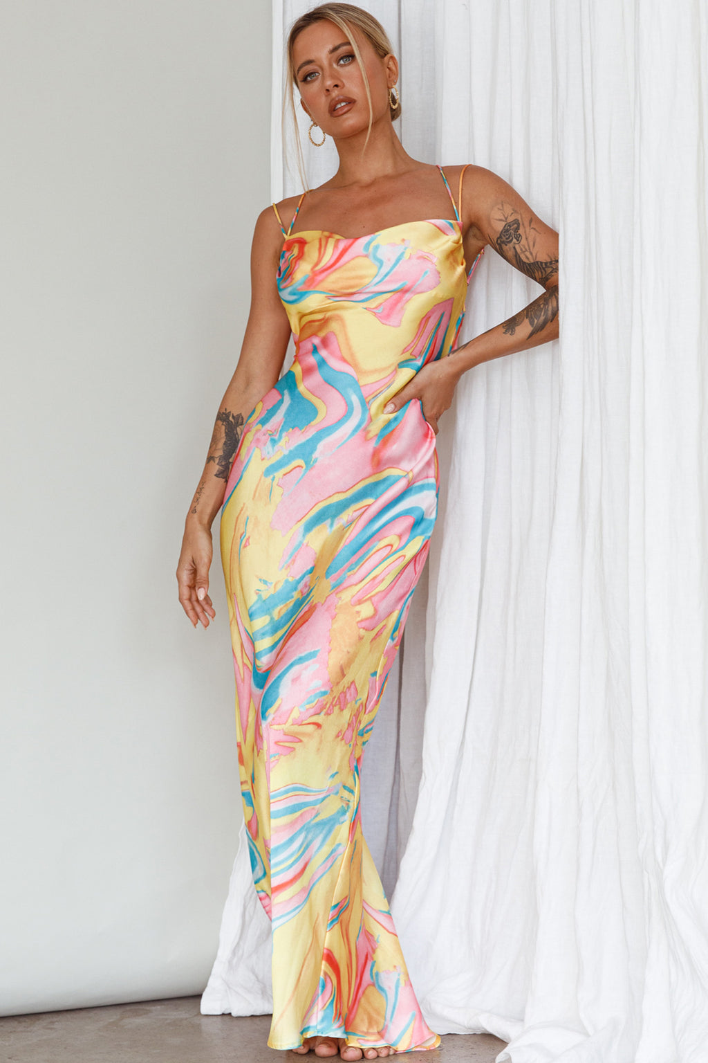 Moment With You Ruched Bust Midi Dress Swirl Yellow/Green by Selfie Leslie Australia